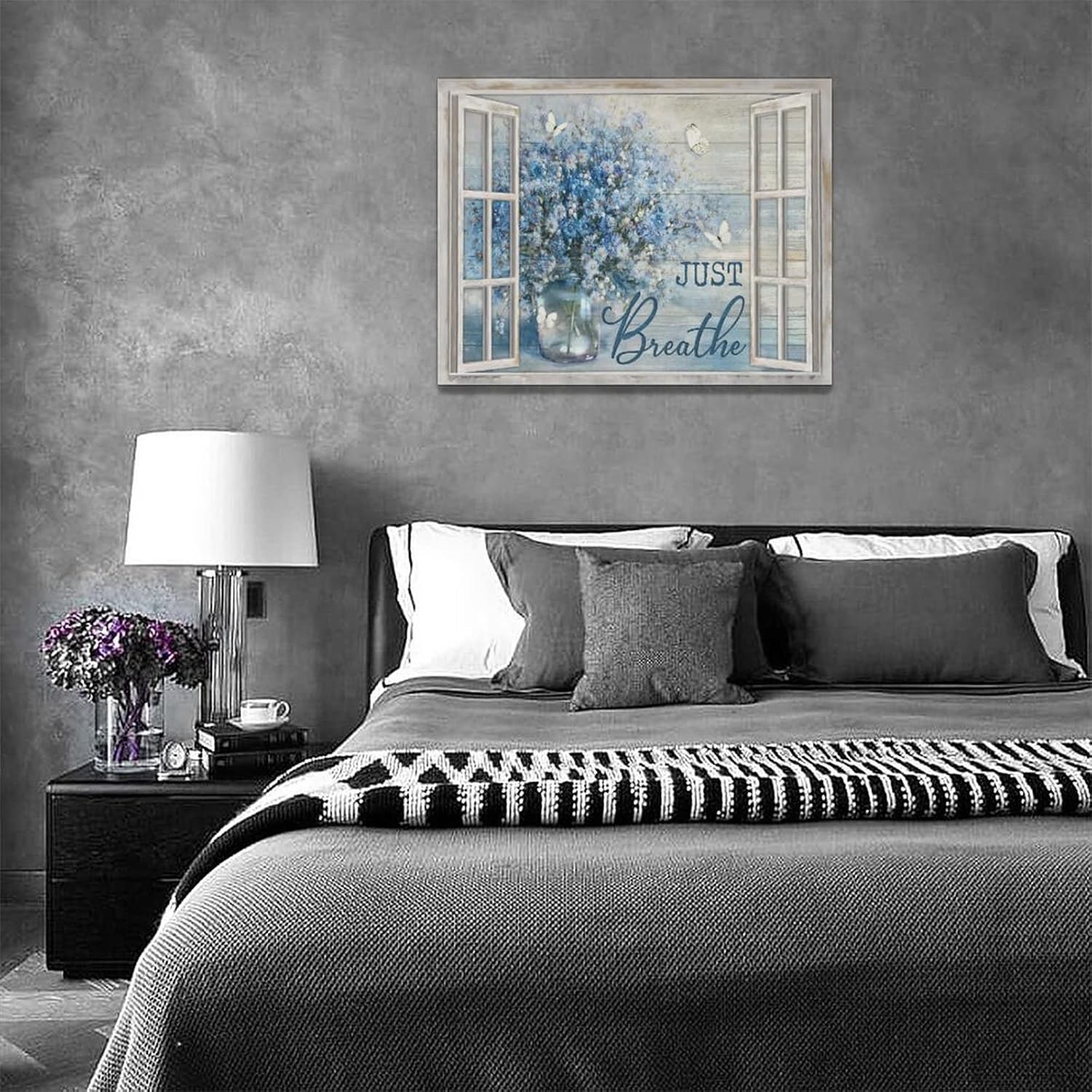 Decoración de margaritas para pared, diseño rústico de margaritas azules y mariposas, decoración de pared, impresiones en lienzo cristianas de Just