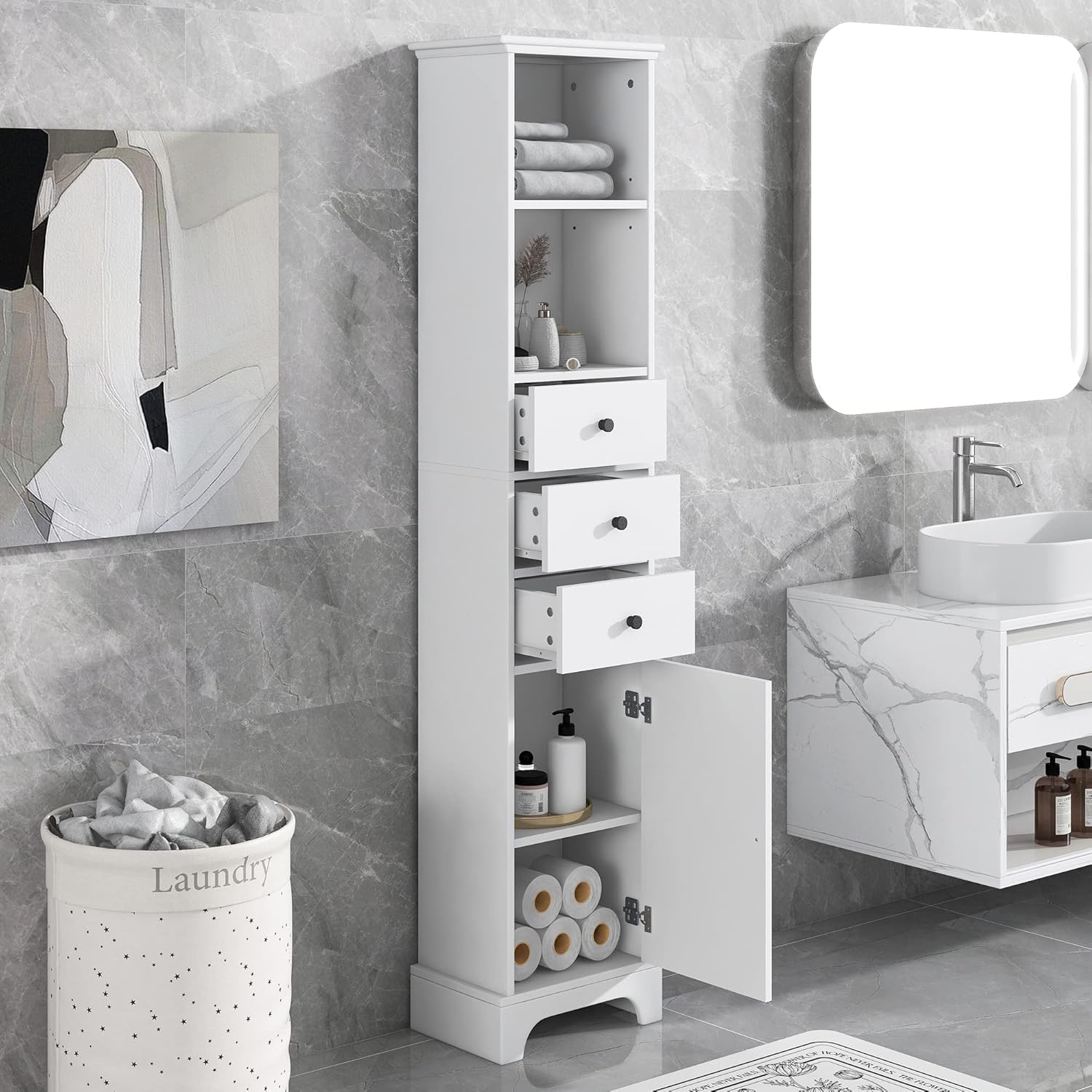 EPOFIT Armario de almacenamiento alto para baño con 4 estantes y cajón de almacenamiento, armarios de baño blancos independientes, gabinete estrecho