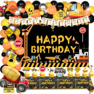 157 piezas de decoración de fiesta de cumpleaños de construcción, camión volquete de Hombae excavadora, tema de zona de cumpleaños, telón de fondo, 157 piezas de decoración de fiesta de cumpleaños de construcción, camión volquete de Hombae excavadora, tema de zona de cumpleaños, telón de fondo,