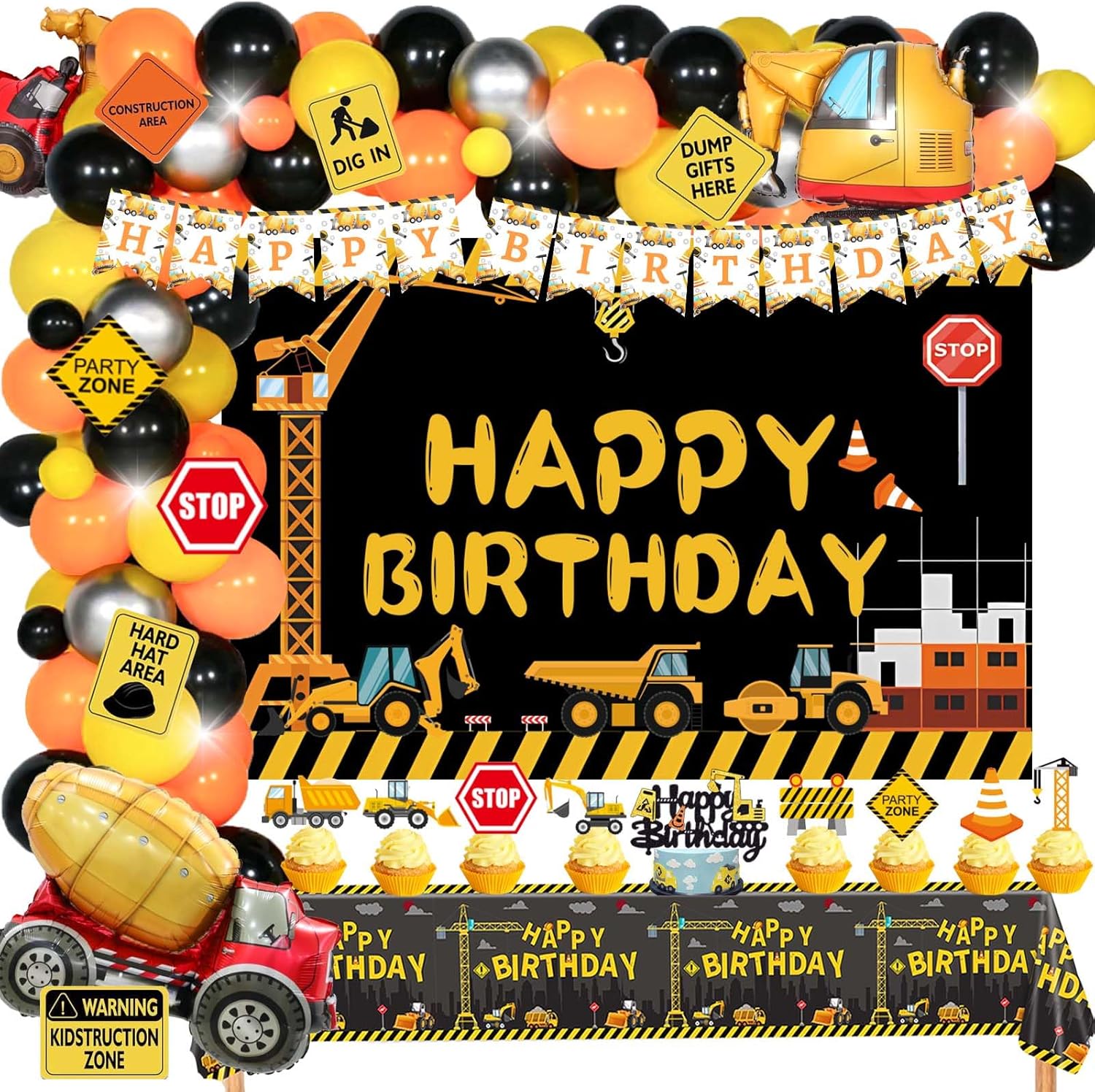 157 piezas de decoración de fiesta de cumpleaños de construcción, camión volquete de Hombae excavadora, tema de zona de cumpleaños, telón de fondo,