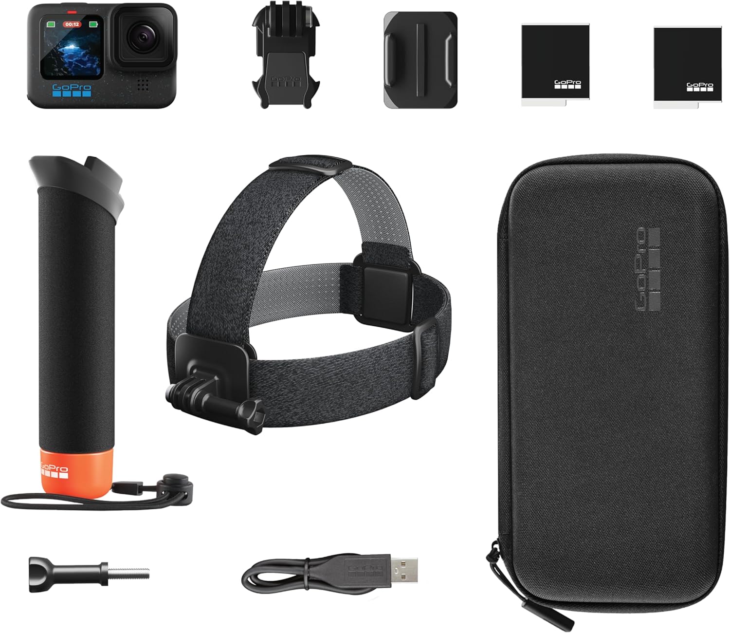 GoPro HERO12 Black + Paquete de accesorios, incluye manipulador + correa para la cabeza 2.0 + batería enduro + funda de transporte