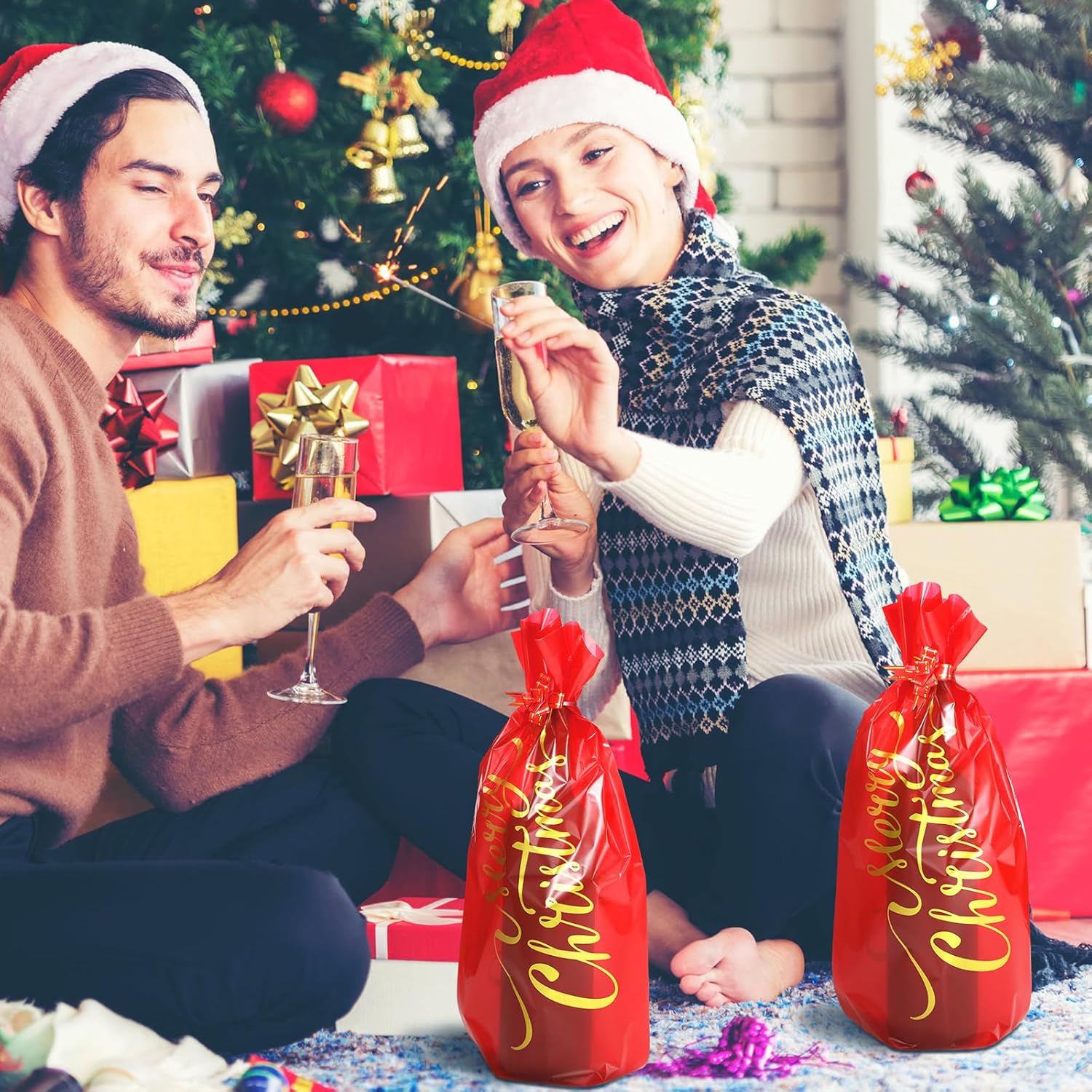 Teling 100 bolsas de regalo para botella de vino de Navidad, bolsa de celofán, funda roja para bolsa de vino de Feliz Navidad, incluye 50 bolsas de