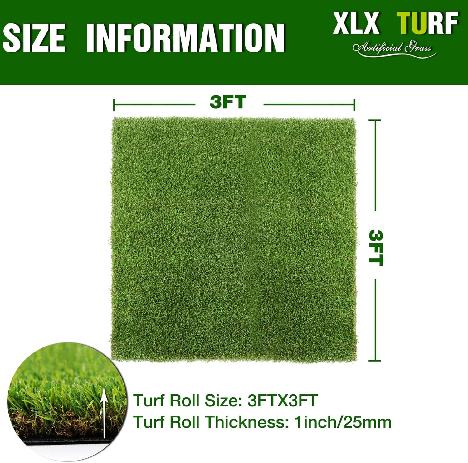 XLX TURF – Alfombra con césped artificial, de 3 x 3 pies, tapete cuadrado para interiores y exteriores, para mascotas, balcón, patio, jardín, paisaje