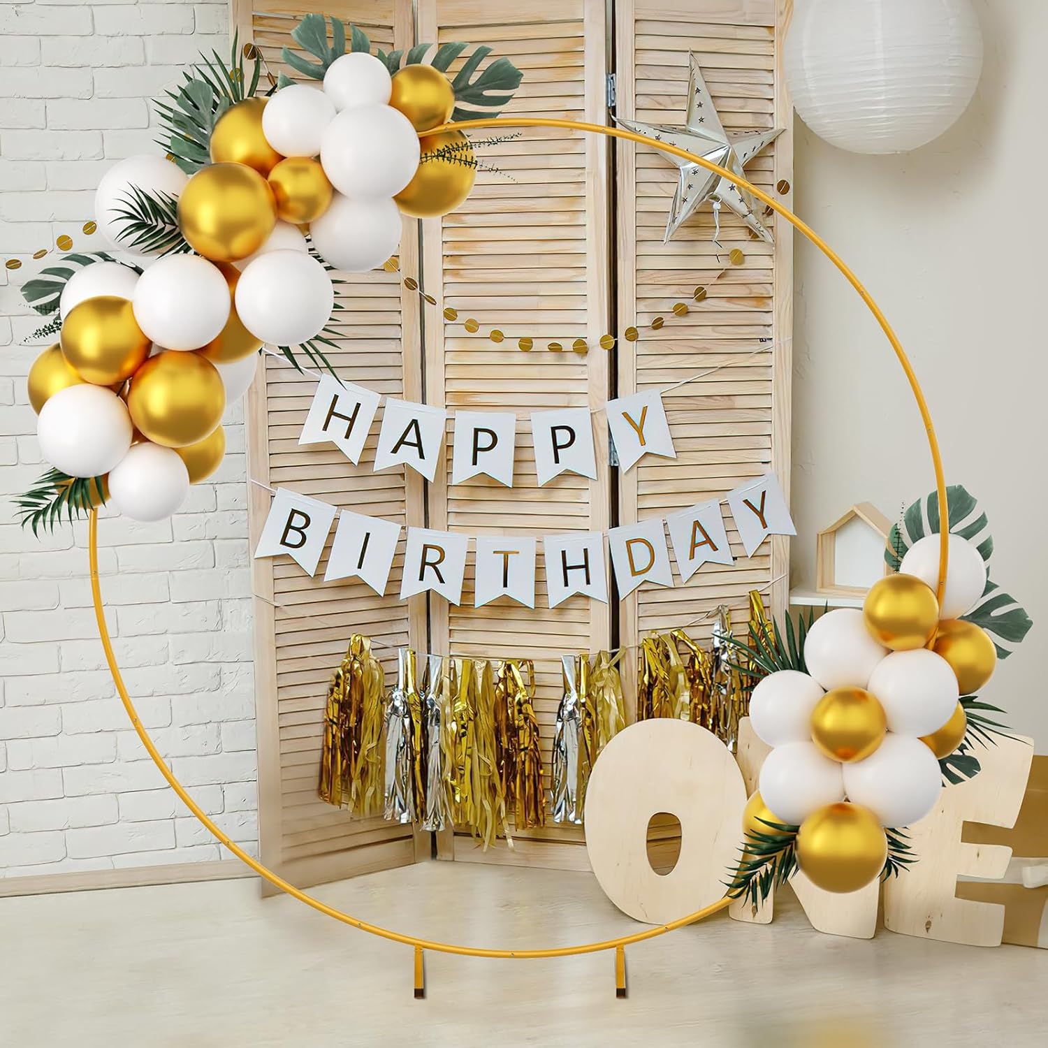 Bezente Soporte de fondo redondo de 7.2 pies, soporte de arco de globo de metal dorado, marco de fondo de círculo de arco de boda estable para
