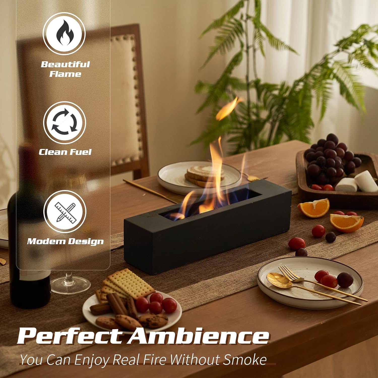 BRIAN & DANY Hoguera de mesa, hoguera de mesa de hormigón para interiores y exteriores, chimenea de mesa rectangular grande de etanol, color negro