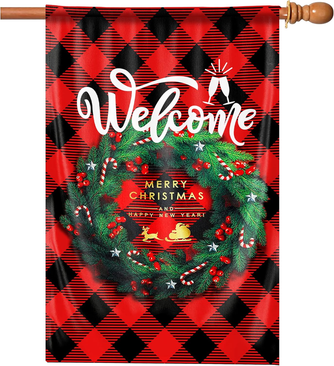 KatchOn, Bandera grande de bienvenida de Navidad para patio, 28 x 40 pulgadas, doble cara, bandera de feliz Navidad y feliz año nuevo, bandera de