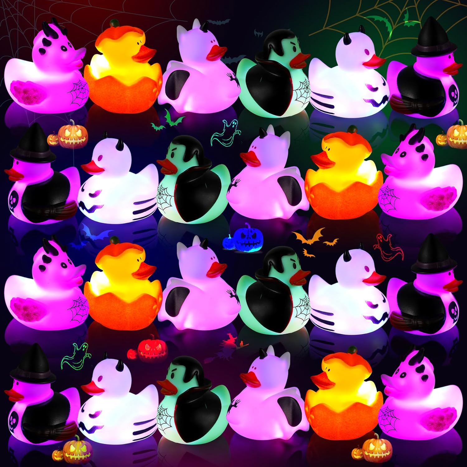 Patos de goma de Halloween de 2 pulgadas, patos de goma que brillan en la oscuridad, juguetes de baño, regalos temáticos de Halloween, surtido de