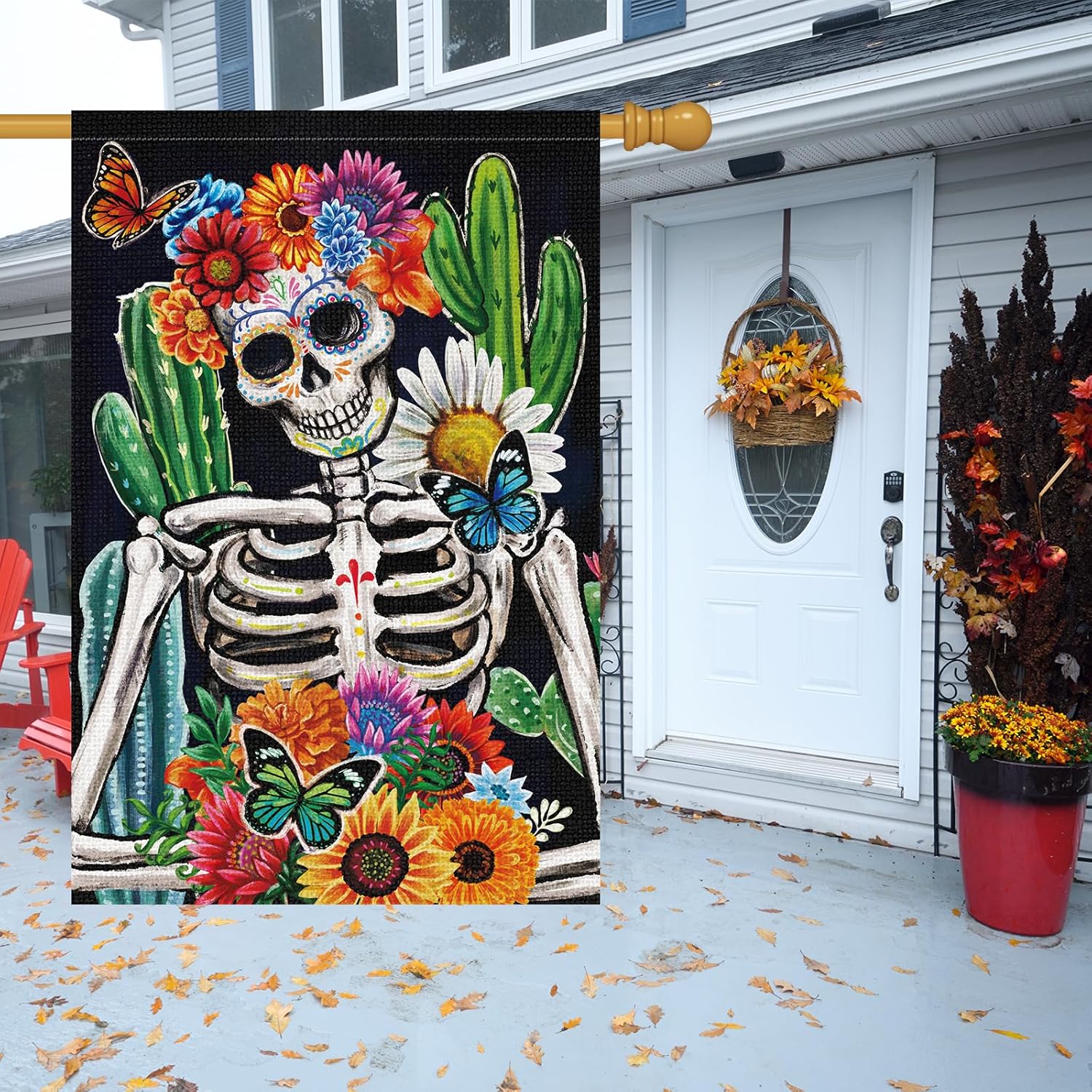 Bandera de jardín del Día de los Muertos de 28 x 40 pulgadas, de arpillera de doble cara, calavera, esqueleto, flor, banderas de jardín Dia DE Los