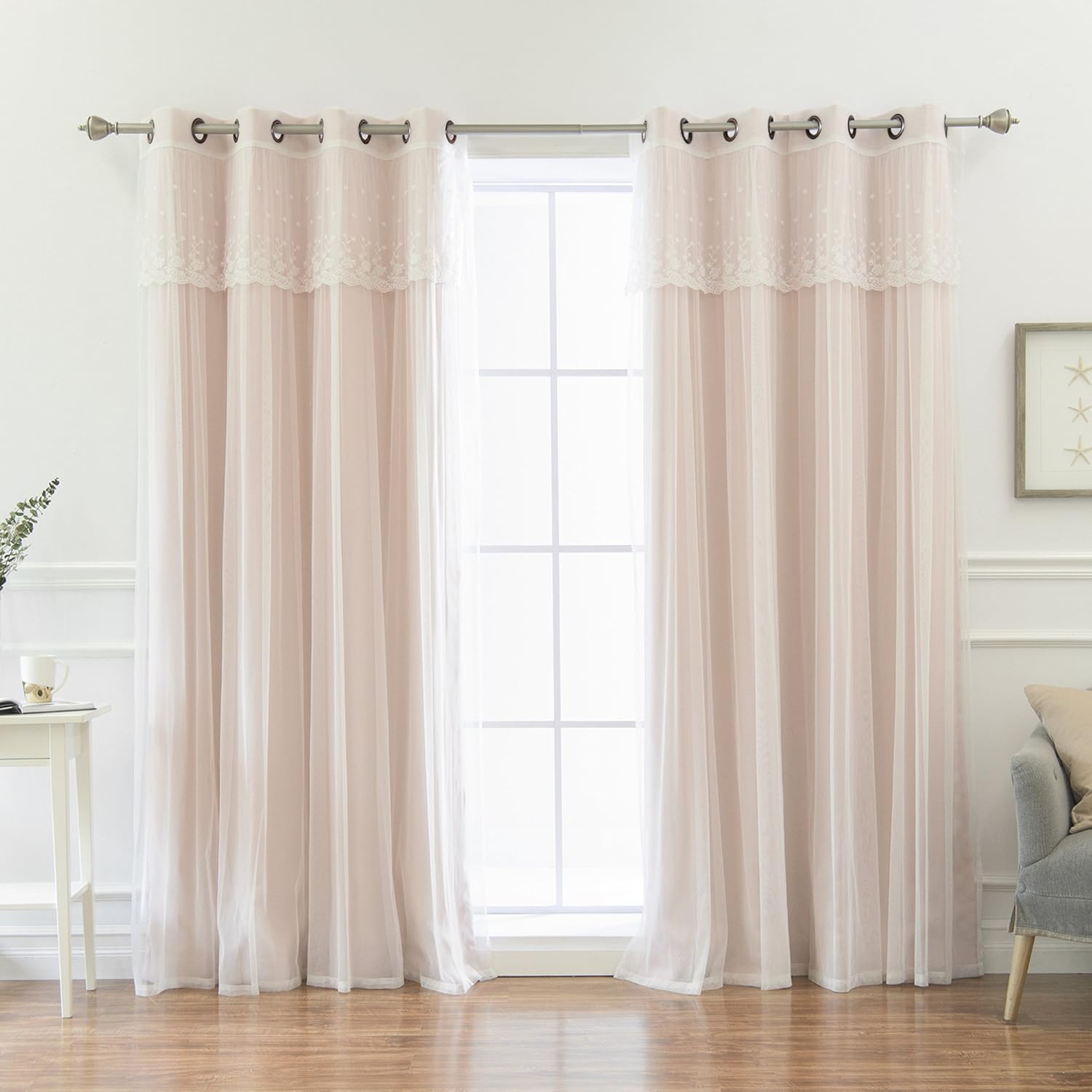 Best Home Encaje de tul fashion con cortinas transparentes adheridas, top de acero inoxidable arandela niquelada