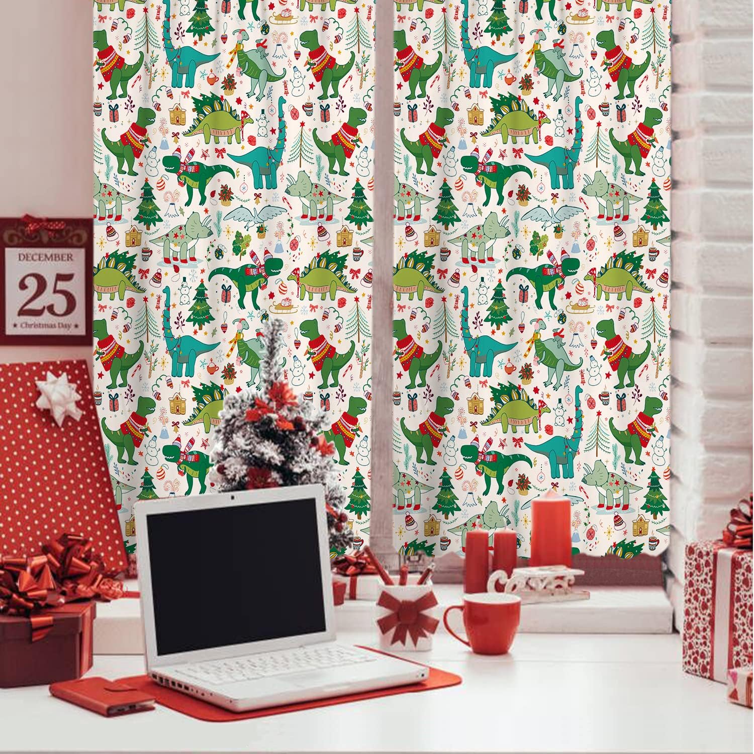 Sevendec Cortinas de dinosaurio de Navidad de dibujos animados para habitación de niños, bonito patrón de Navidad, paneles de cortina para ventana,