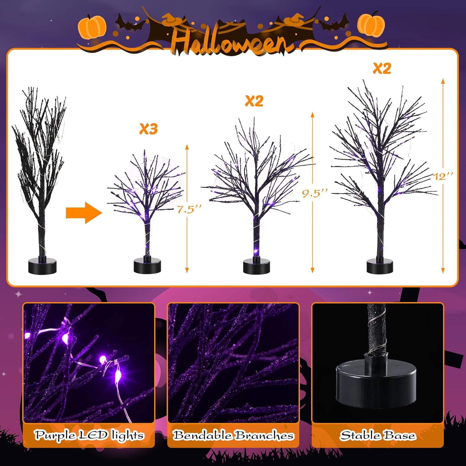 Baquler 7 piezas de árboles LED de Halloween, abedul negro para decoración de mesa, aldea artificial de Halloween con cadena de luces de Halloween,