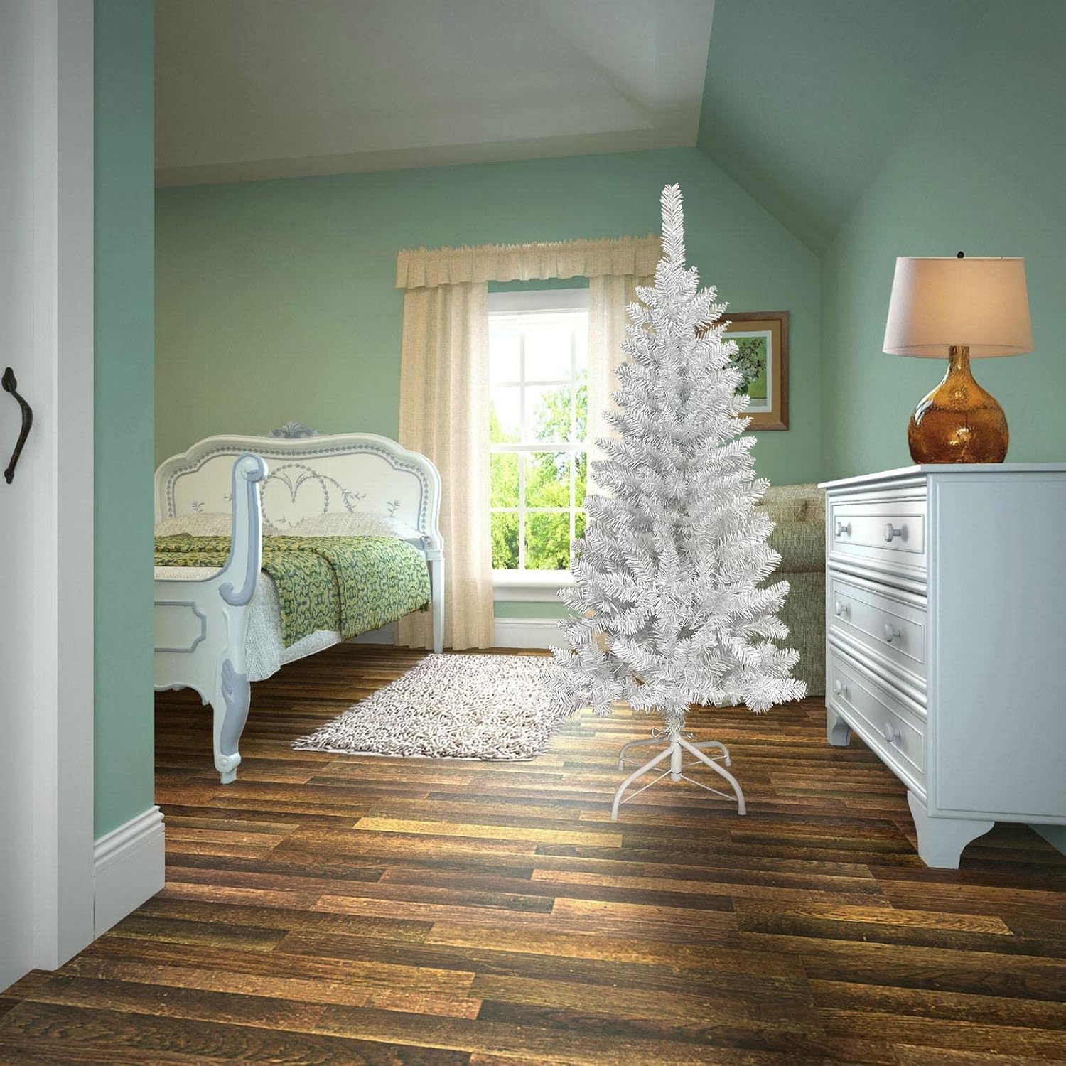MTB – Árbol de Navidad artificial con bisagras de 5 pies con soporte de metal plegable, 350 puntas de plástico PVC reciclado, color blanco