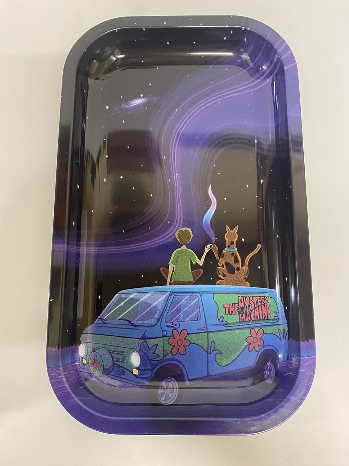 Bandeja de tabaco con ruedas de metal, cenicero, tamaño mediano de 10.0 x 6.0 in Scooby impreso en 3D, incluye tapa magnética, cubierta lanuda (HT10)
