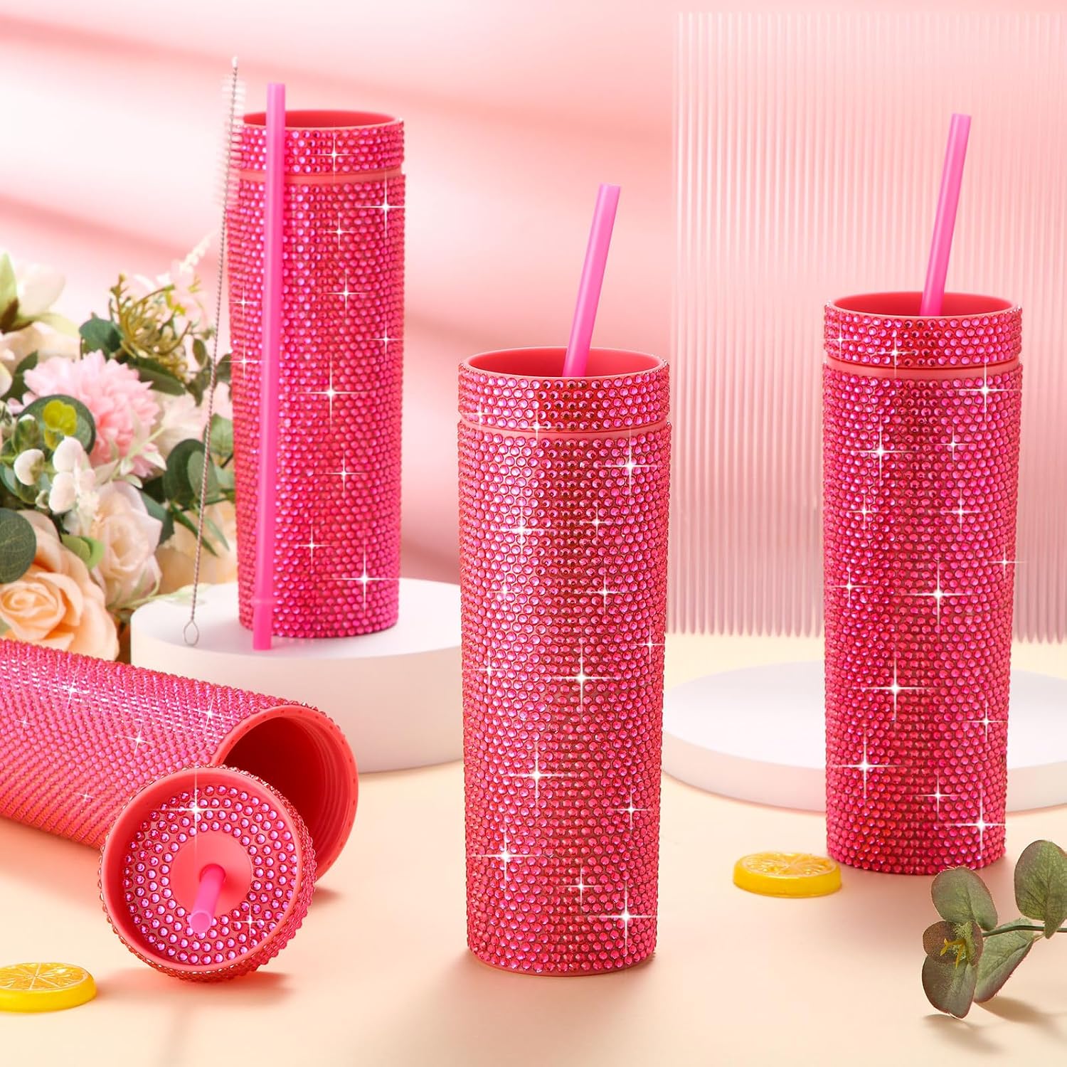 6 vasos brillantes a granel de 16 onzas con diamantes de imitación, reutilizables, vasos de plástico con diamantes de imitación para mujeres, niñas,