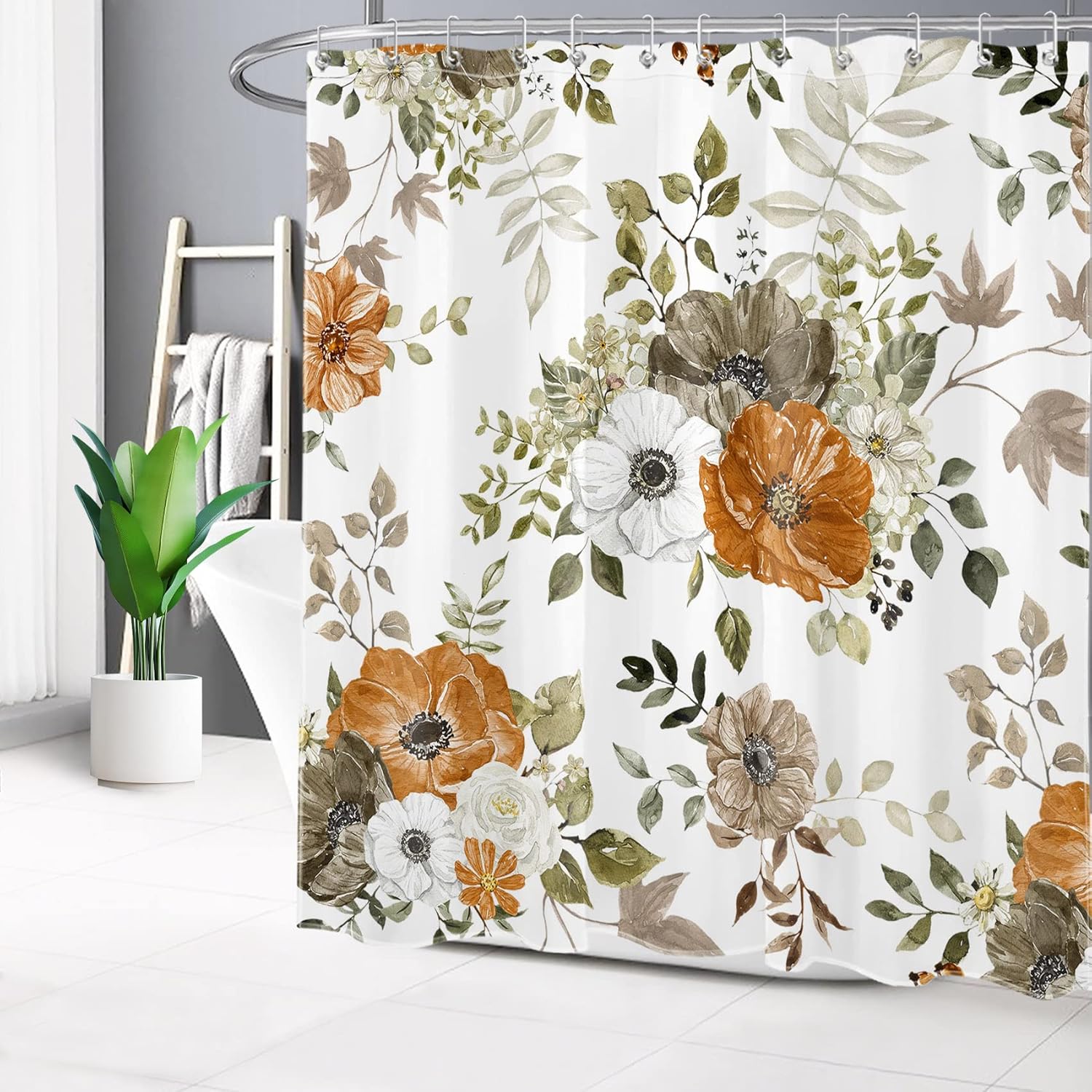 LB Grey and Orange Flower Shower Curtain Sets with Rugs Autumn Country Plant Watercolor Floral on White Fabric Shower Curtain with Hooks Fall