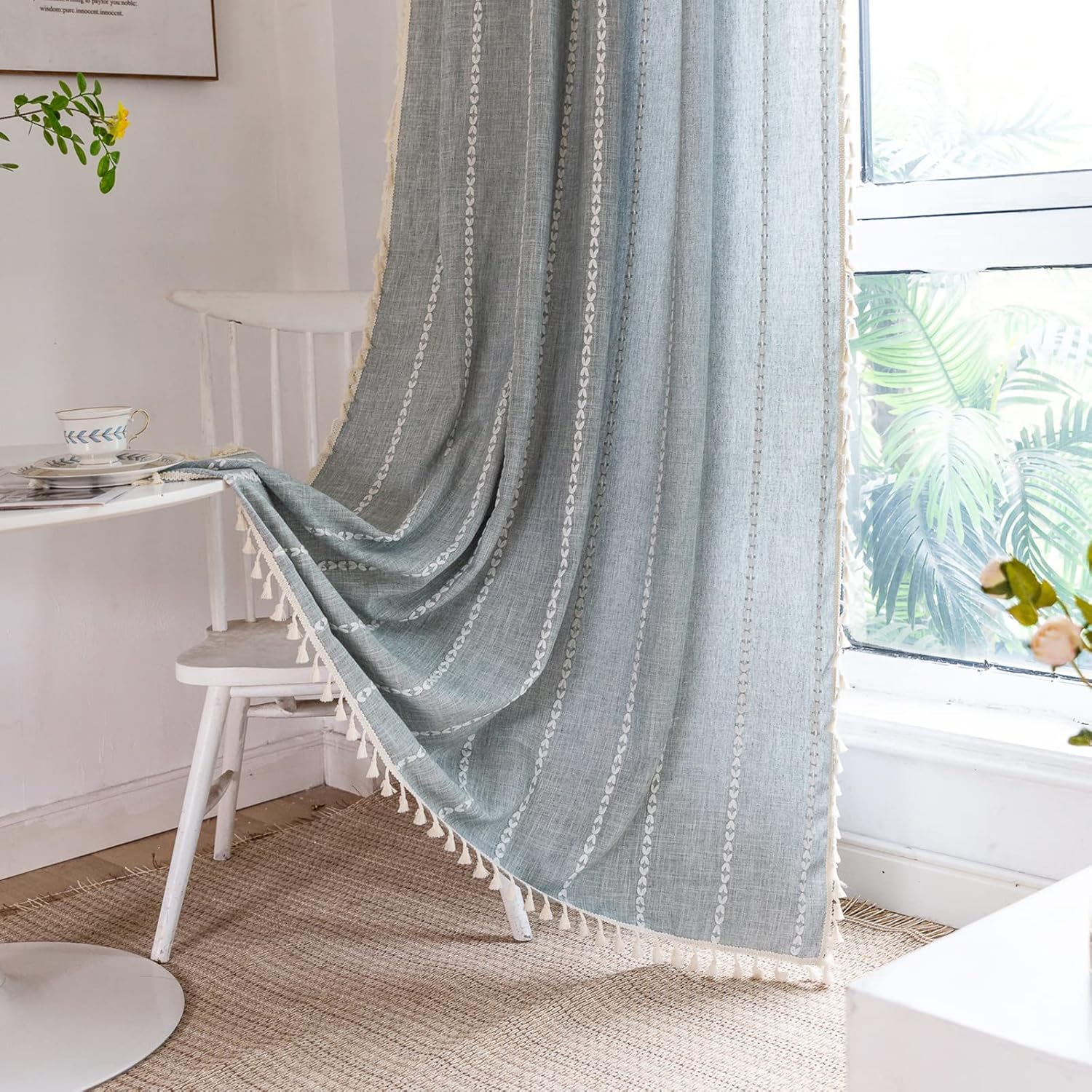 TOPSMCHER Cortinas bohemias de 84 pulgadas, cortinas de lino y algodón rústico con bordado para sala de estar, bolsillo para barra, cortinas