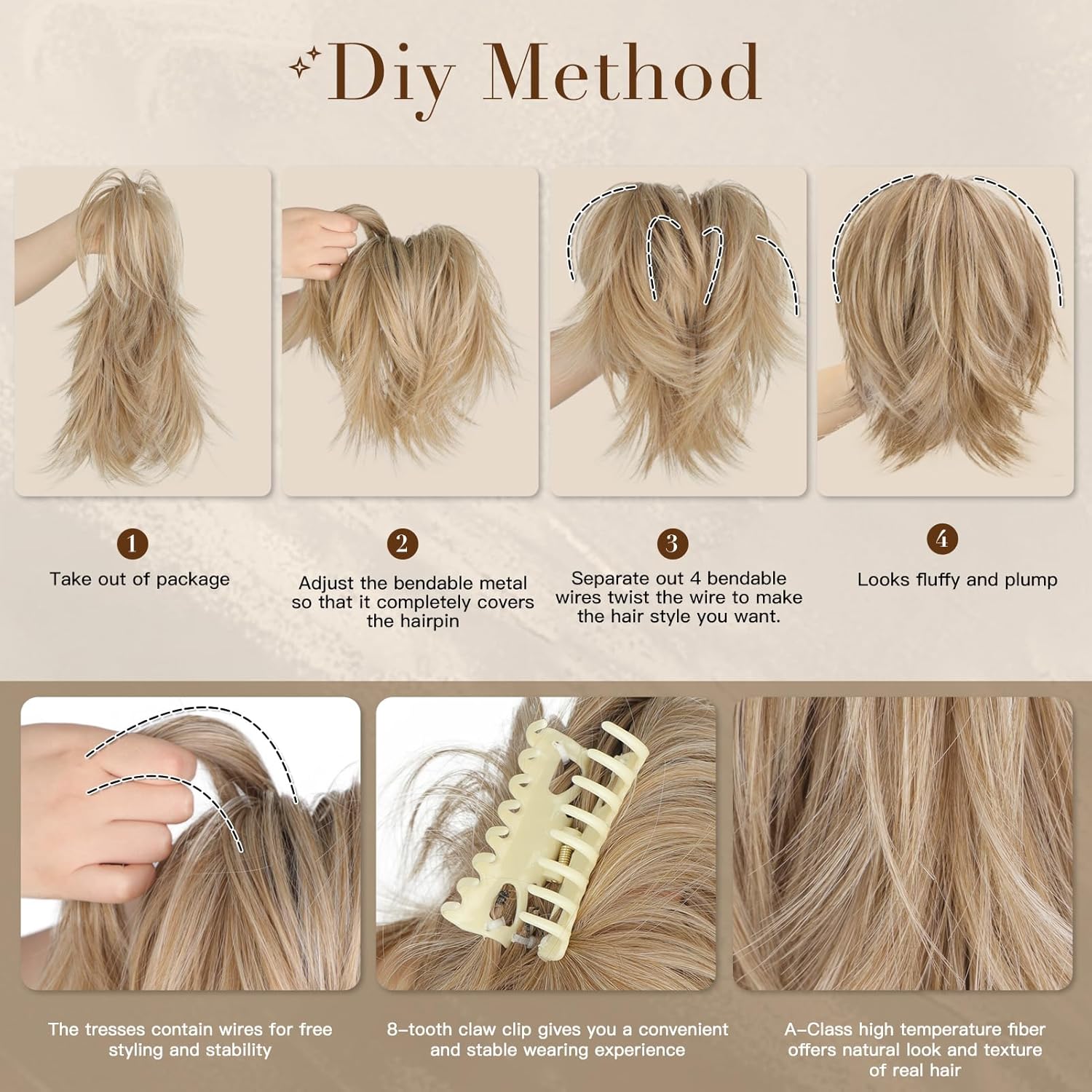 NANNAN Extensiones de cabello corto con clip de garra, cola de caballo de metales flexibles, pieza de cabello sintético para moño, cabello lacio y