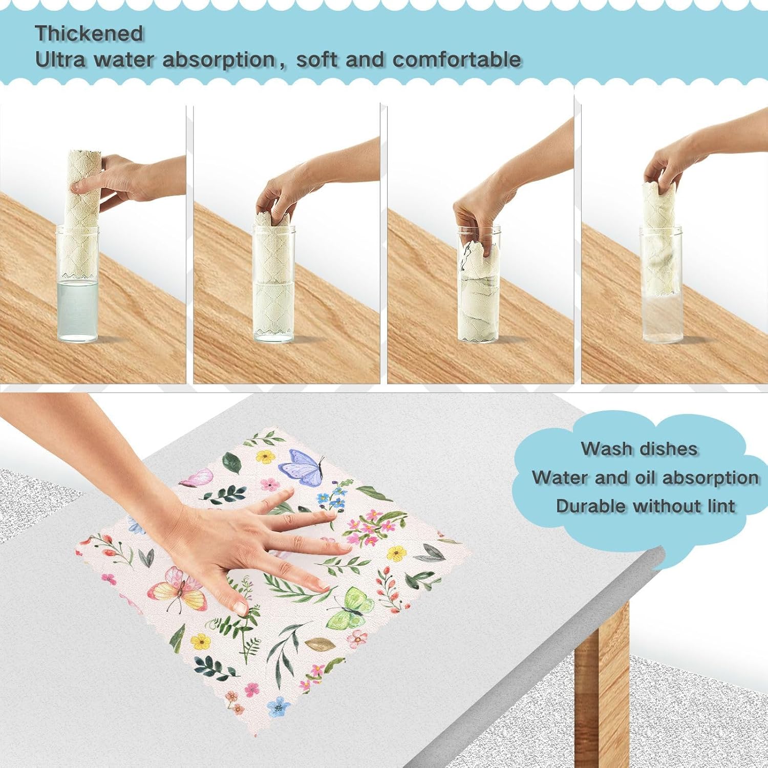 Spring Wildflowers Leaf Butterfly Quality Decor Microfiber Dish Drying Towel Fast Drying 6 Pack Rags for Bathroom Coffee