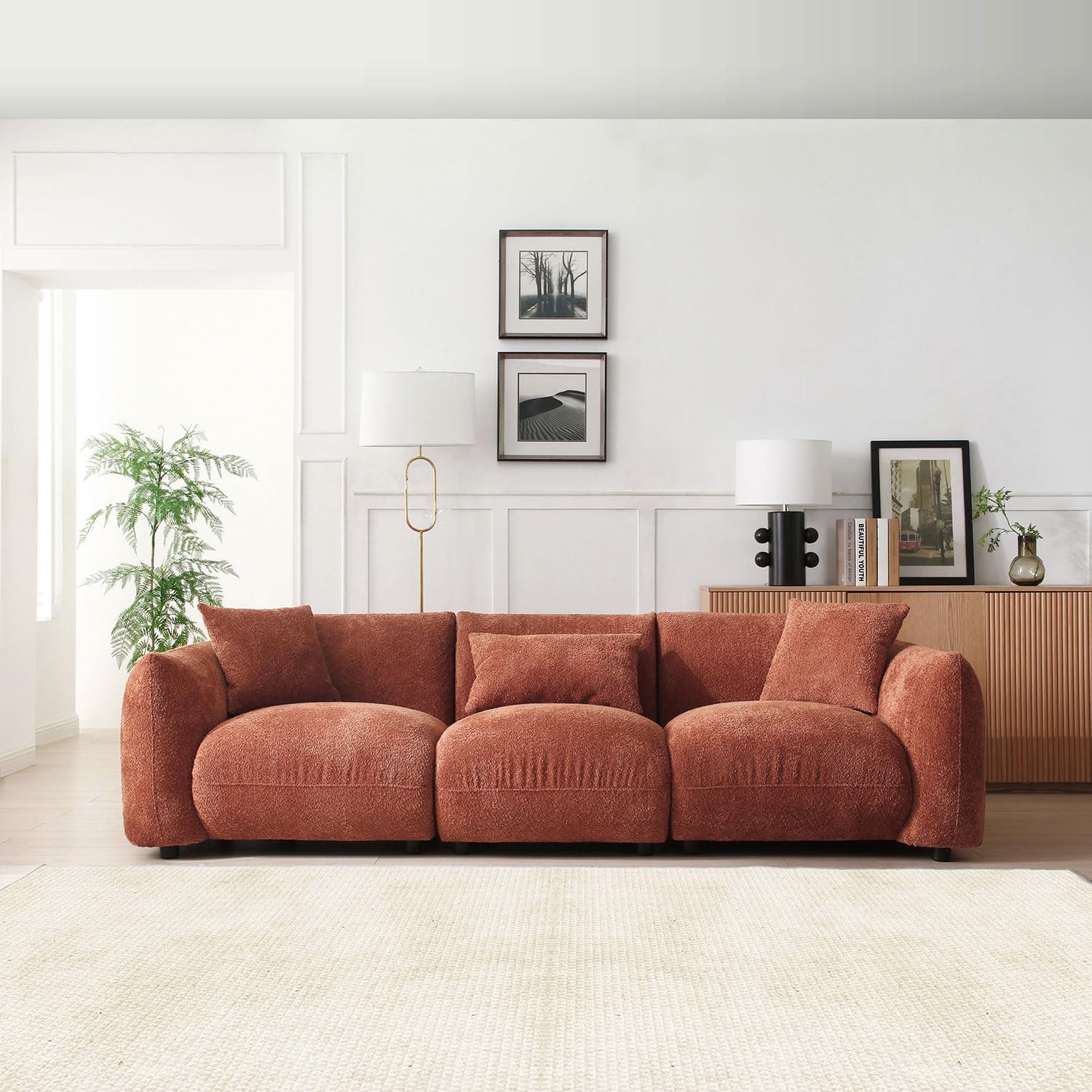 WILLIAMSPACE Sofá modular de 102.36 pulgadas para sala de estar, sofá moderno tapizado en la nube, sofá Boucle con 3 almohadas, 4 asientos de