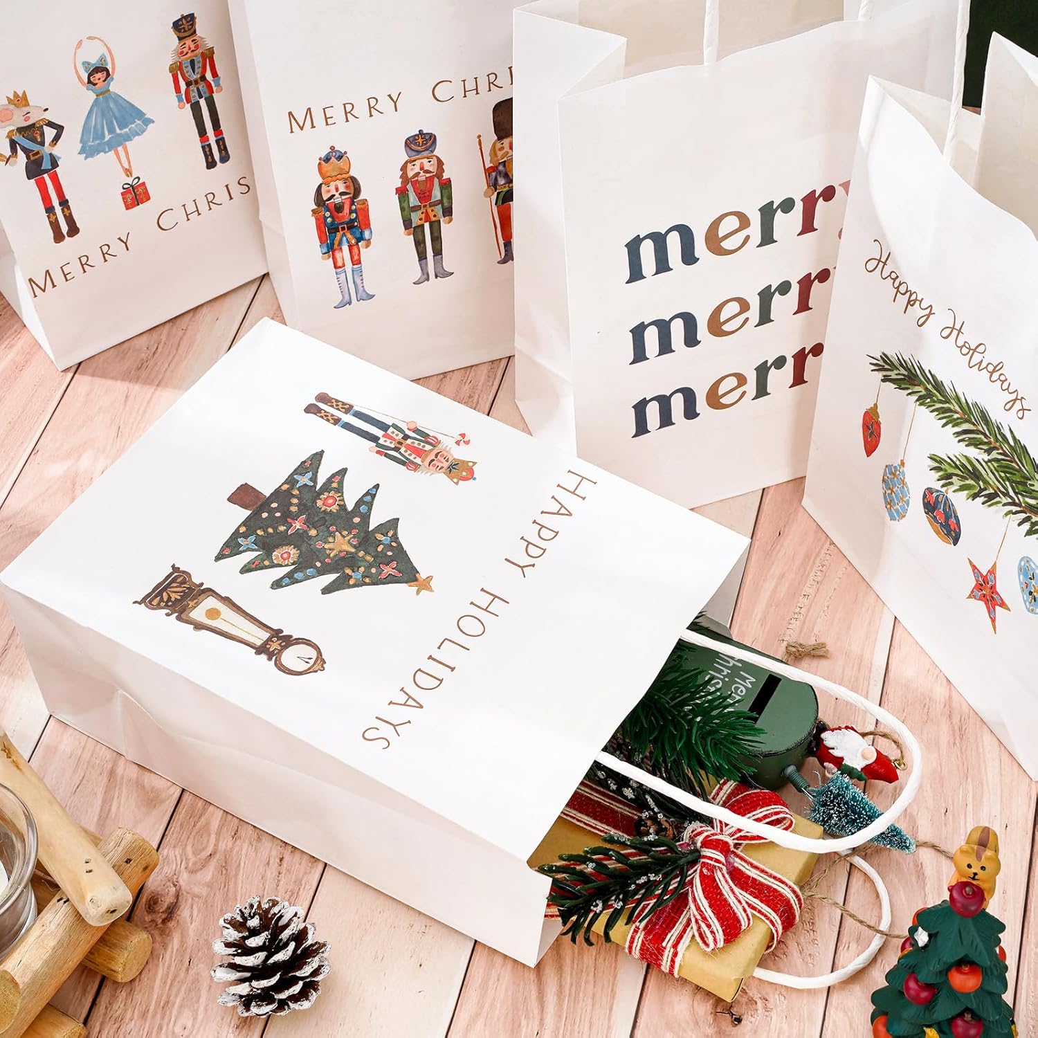 AnyDesign 18 bolsas de regalo de cascanueces con asa, bolsas de papel de cascanueces de acuarela, bolsas de regalo de Navidad, bolsas de regalo de