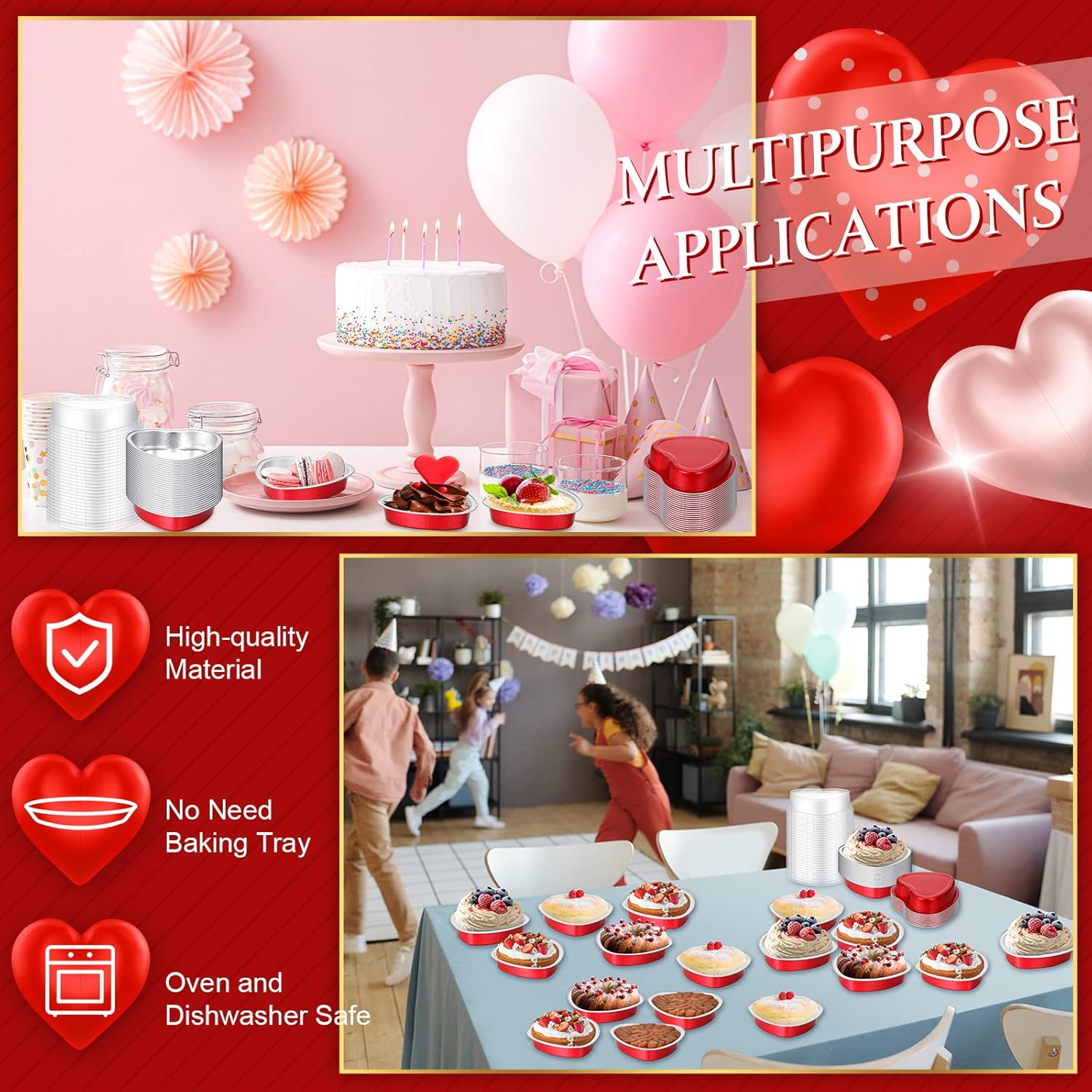 Yinkin Juego de 50 moldes de 9 onzas con forma de corazón para el Día de la Madre de 5.4 pulgadas, moldes de papel de aluminio para cupcakes con