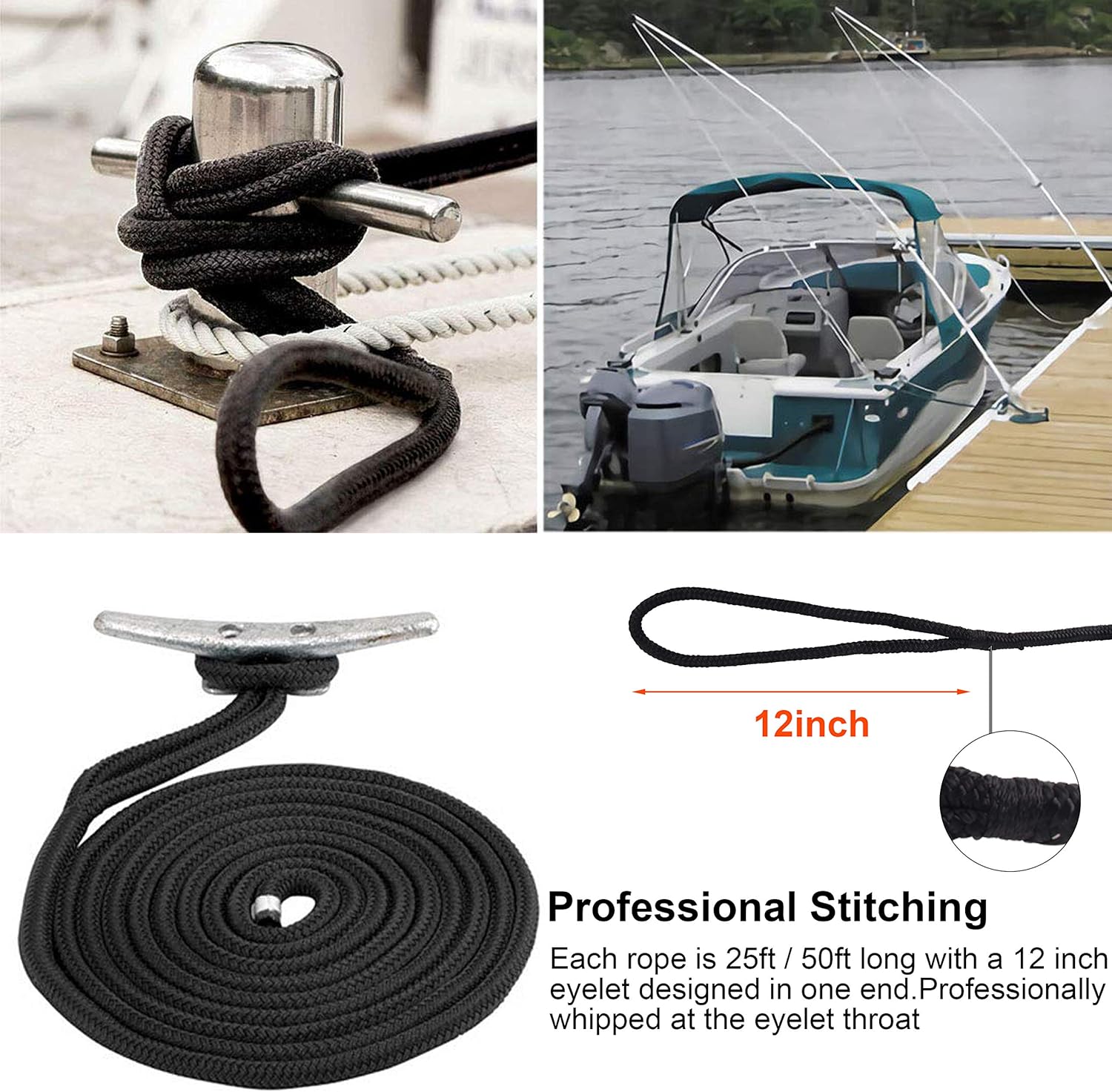 Dock Lines – Cuerdas de nailon de doble trenza para barco con ojales de 12 pulgadas de 25 o 50 pies de cuerda de barco de grado marino