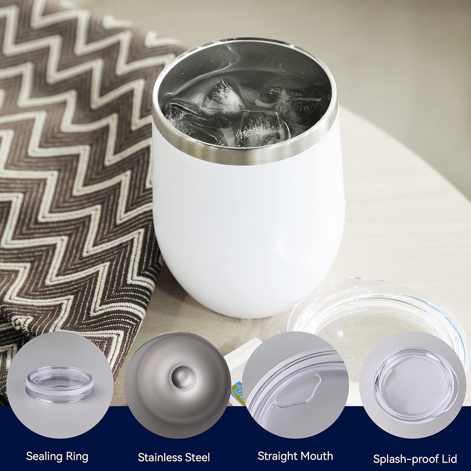 DOMICARE – Vaso de vino de 12onzas con tapa, hecho de acero inoxidable con aislamiento al vacío de doble pared, paquete de 1 unidad, color blanco