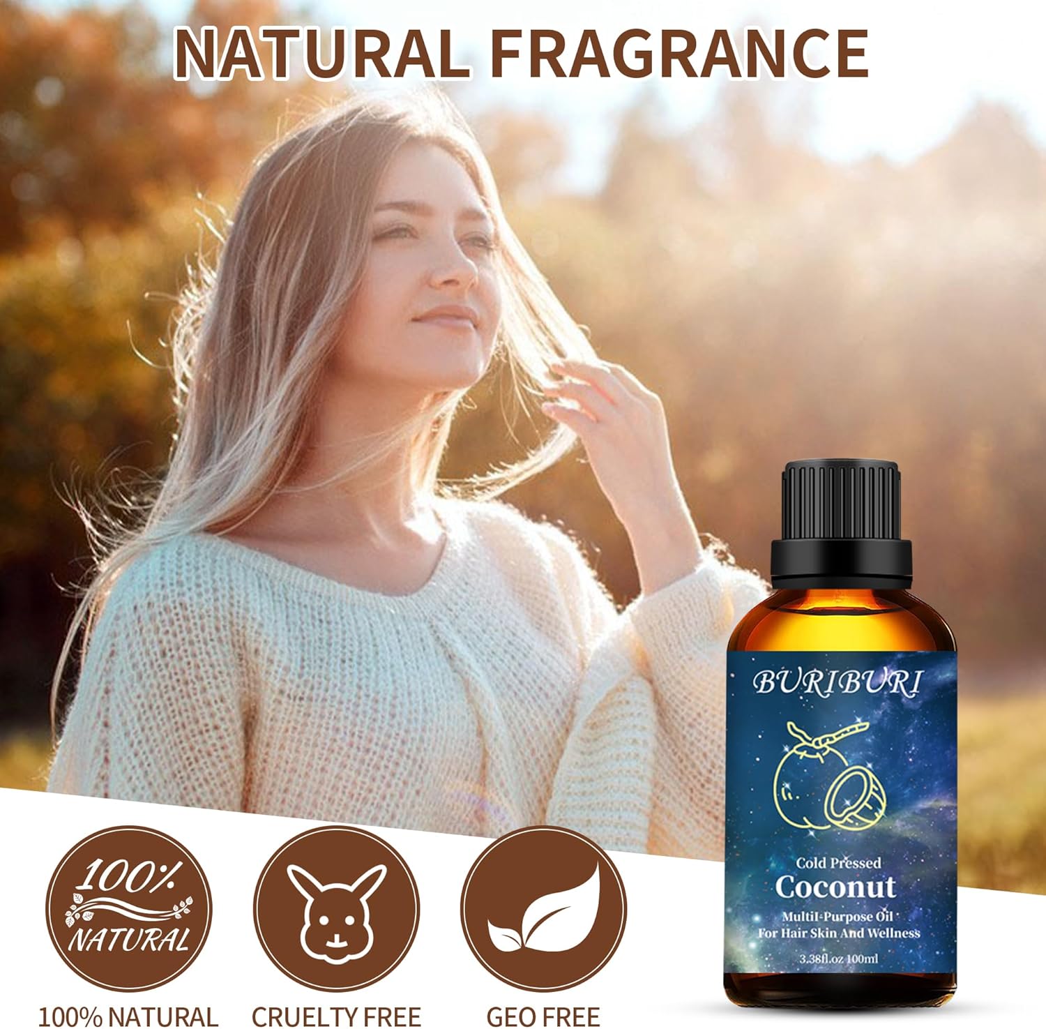 BURIBURI Aceite esencial de coco de 3.4 fl oz, aceite perfumado de grado prémium para difusores, masajes, fabricación de jabón
