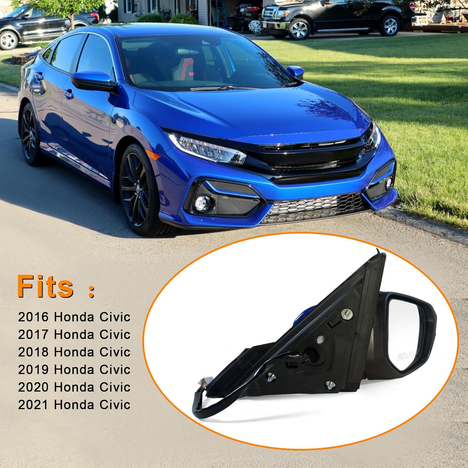 Lqito Espejo de puerta lateral del pasajero compatible con Honda Civic SedancoupeHatchback LxExSport 2016-2021 con calefacción eléctrica y cámara