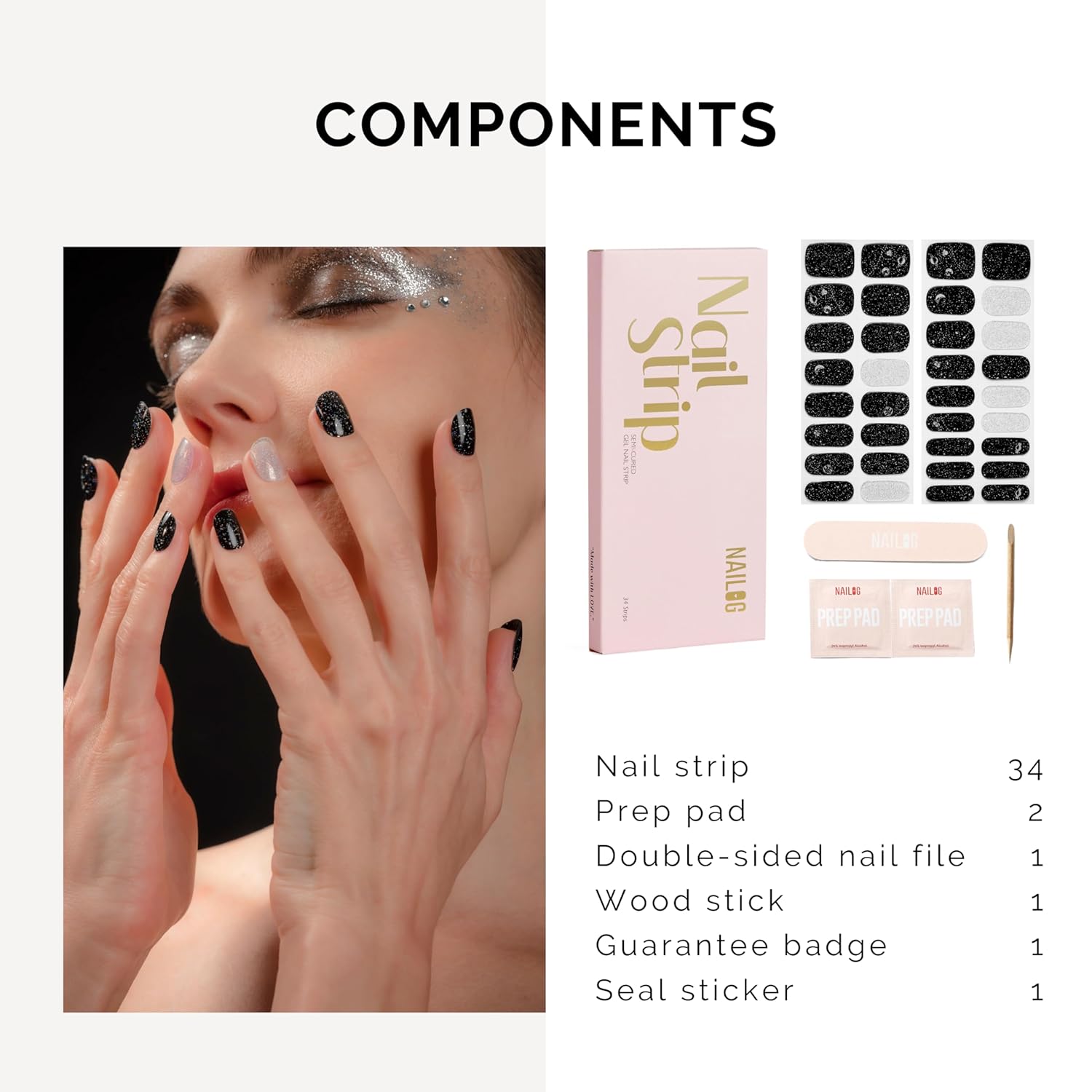 NAILOG Tiras de uñas de gel semicuradas, 34 piezas, compra 2 y obtén 1 lámpara UV, envolturas adhesivas de esmalte de uñas de larga duración con