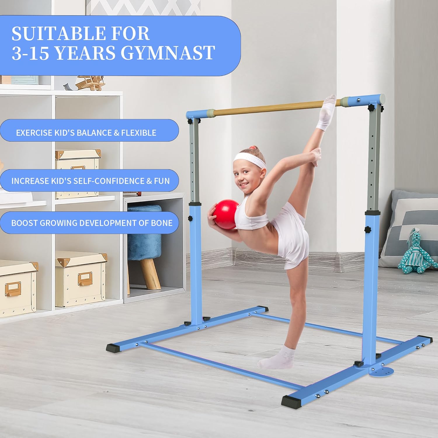 EL&ITWings Kip Bar de gimnasia, barra horizontal para niños y niñas, altura ajustable de 3 a 5 pies, equipo de gimnasio en casa, ideal para
