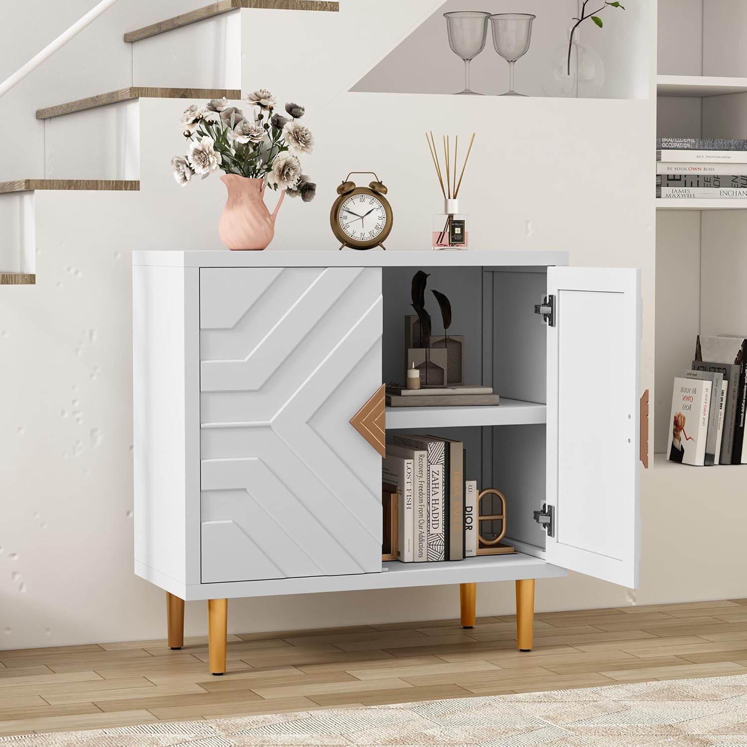 HLR Armario de almacenamiento con 2 puertas, armario decorativo con puertas decorativas en relieve, aparador de gabinete de buffet para sala de