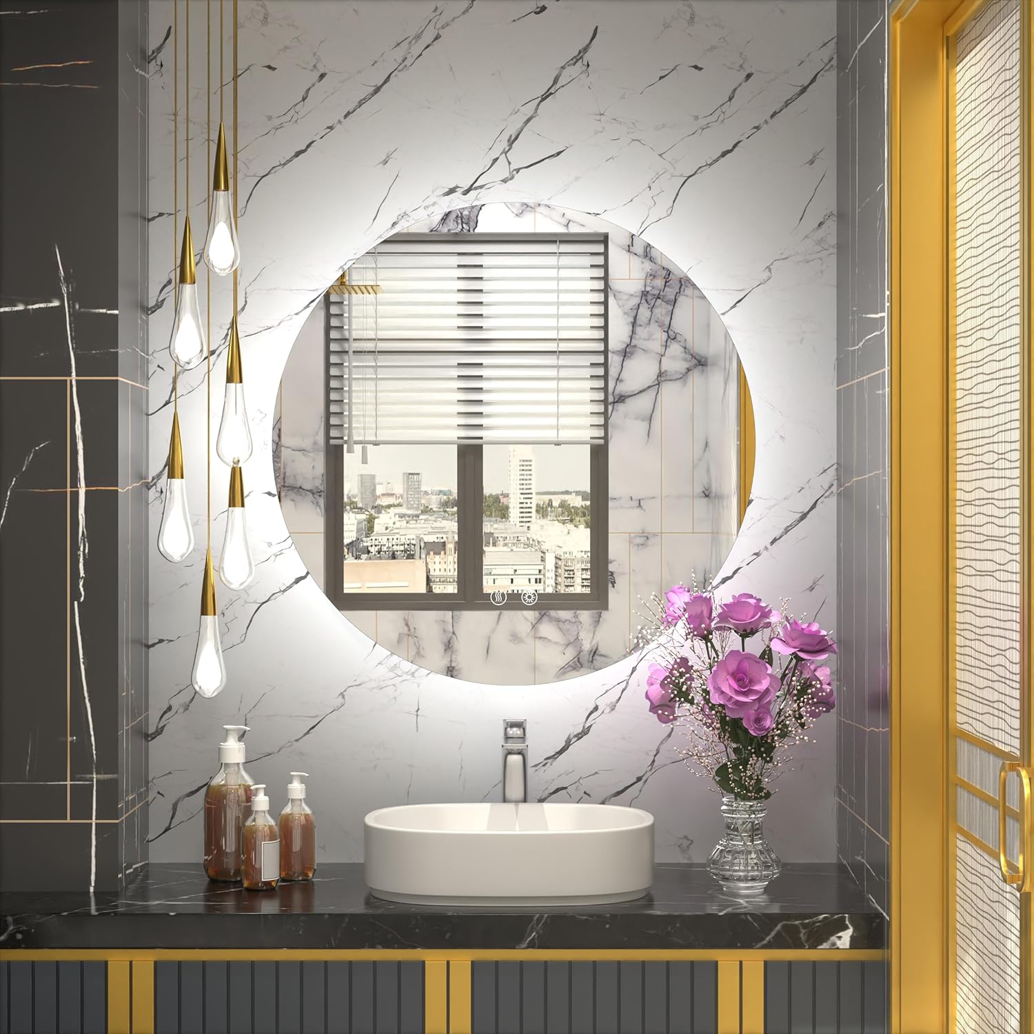 JSneijder Espejo redondo de 24 pulgadas con luces, espejo retroiluminado para baño, espejo de tocador de baño iluminado Mordern, montado en la