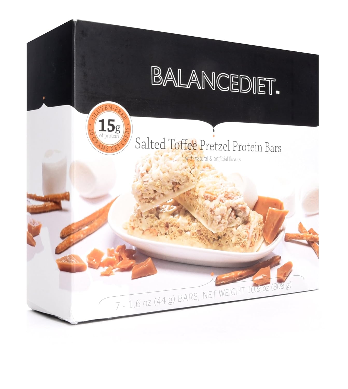 BalanceDiet  Barra de proteínas  0.53 oz de proteína  Bajo en carbohidratos  Caja de 7 barras (pretzel de caramelo salado)