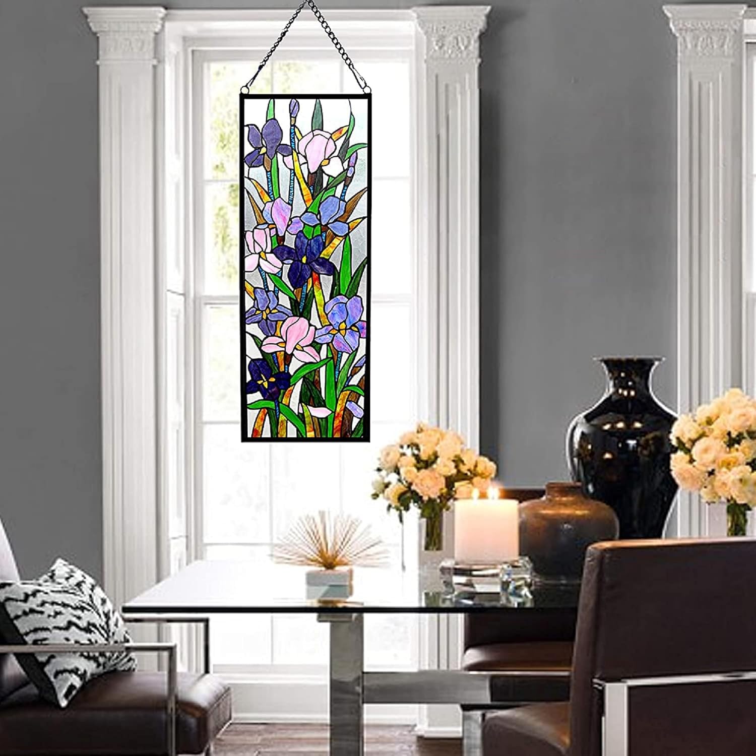 Chloe Lighting SORORIA Tiffany Iris Design – Panel de vitrales (11.5 x 31.5 pulgadas), multicolor