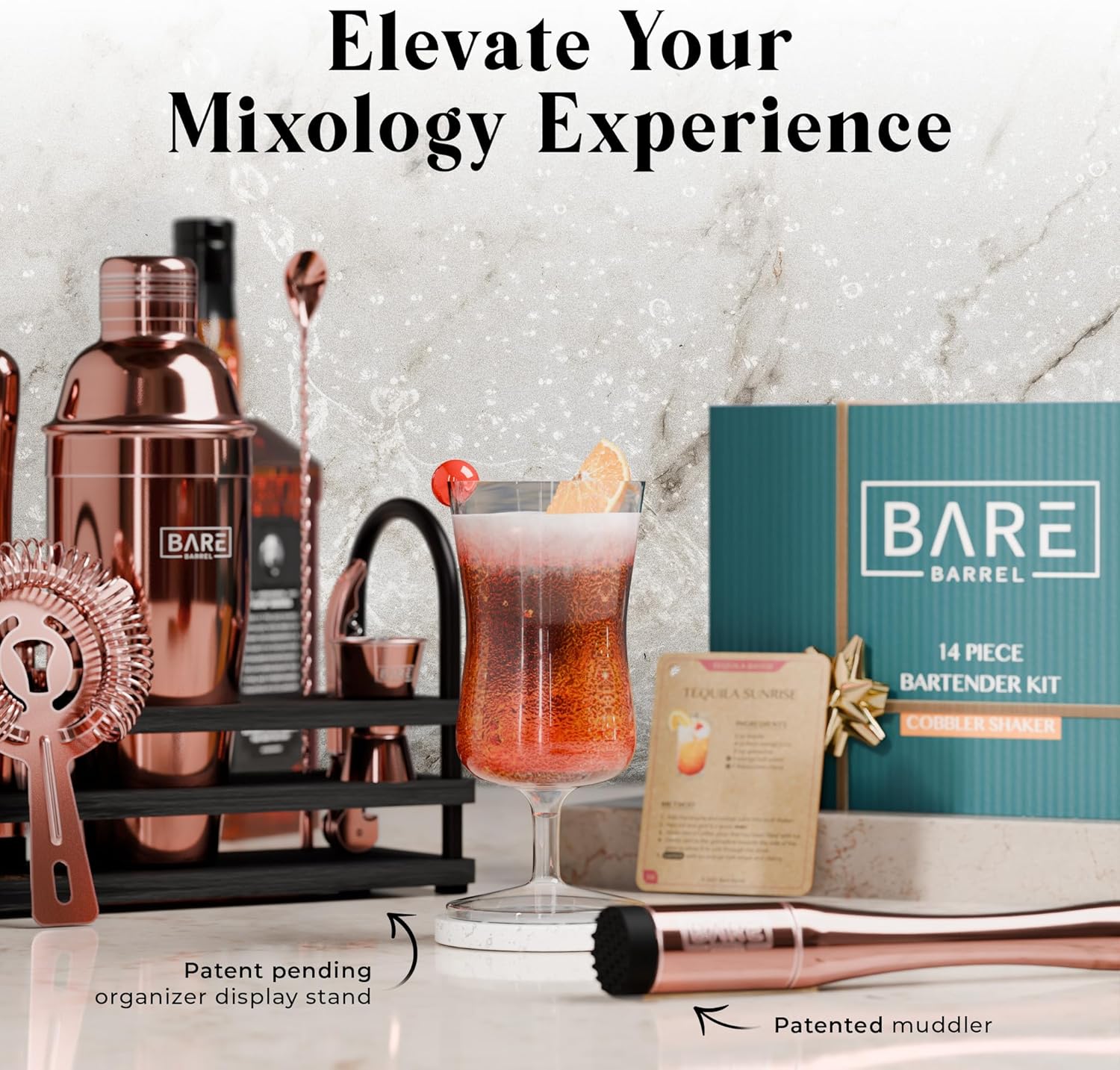 Mixology – Kit de barman de oro rosa  Juego de coctelera para el hogar  Juego de coctelera de Martini  Kit de cóctel Kit de bar, kit de barman, kit