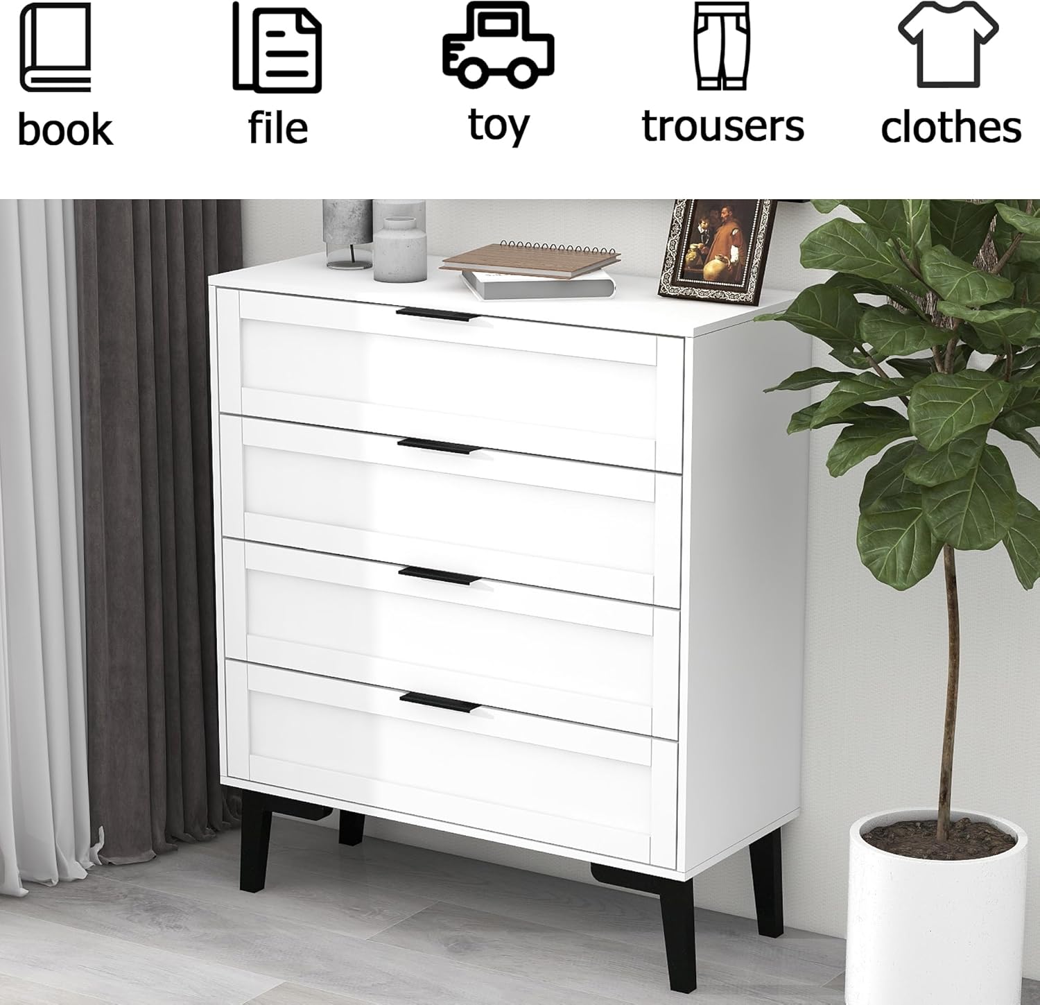 TaoHFE Cómoda blanca de 4 cajones para dormitorio, cómoda de lencería de madera para dormitorio, moderna de 36 pulgadas de alto, cómoda blanca para