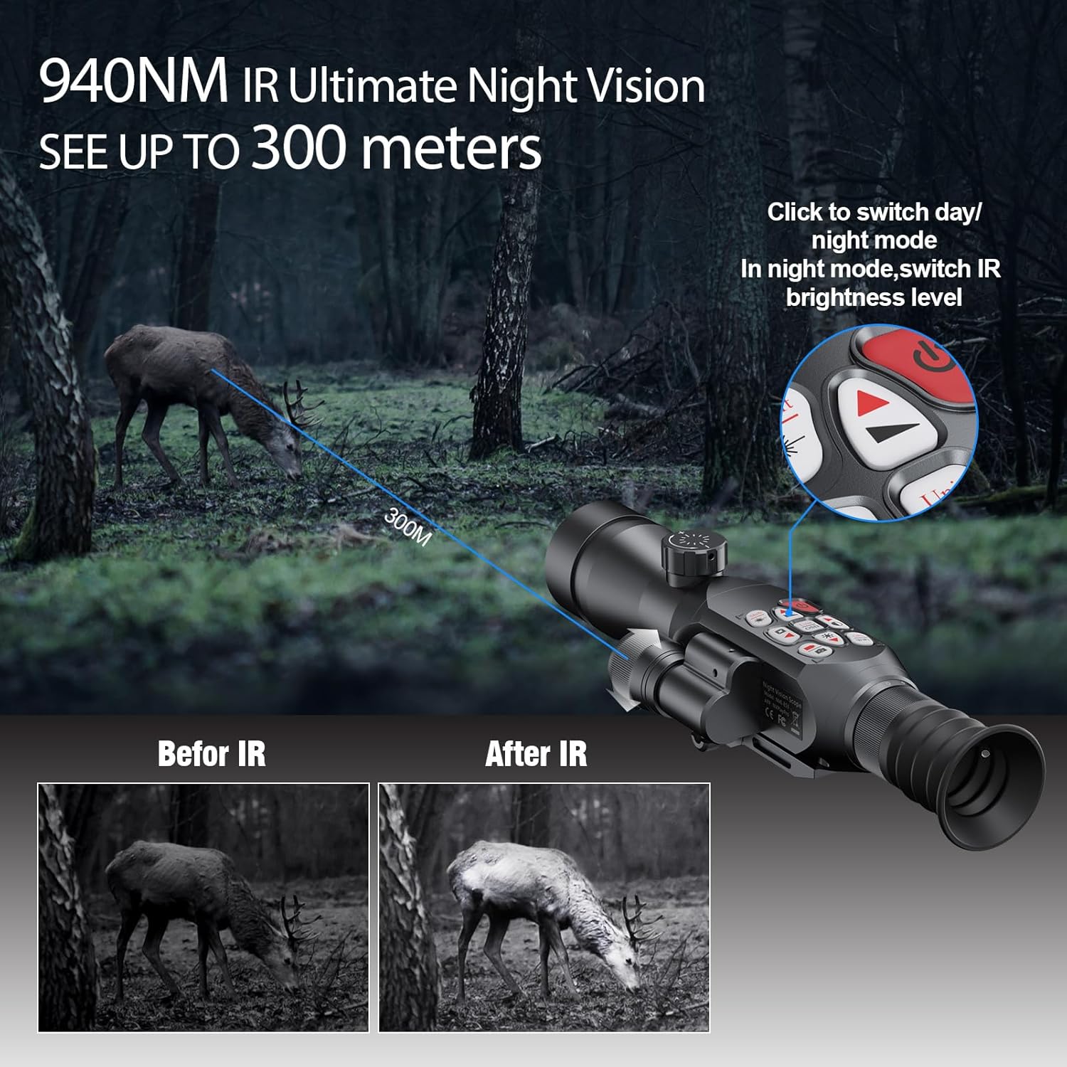 Alcance digital de visión nocturna para caza lente de 1.969 in, aplicación WiFi, zoom de 3.7-11x, punto de mira fácil de poner a cero IP66 luz