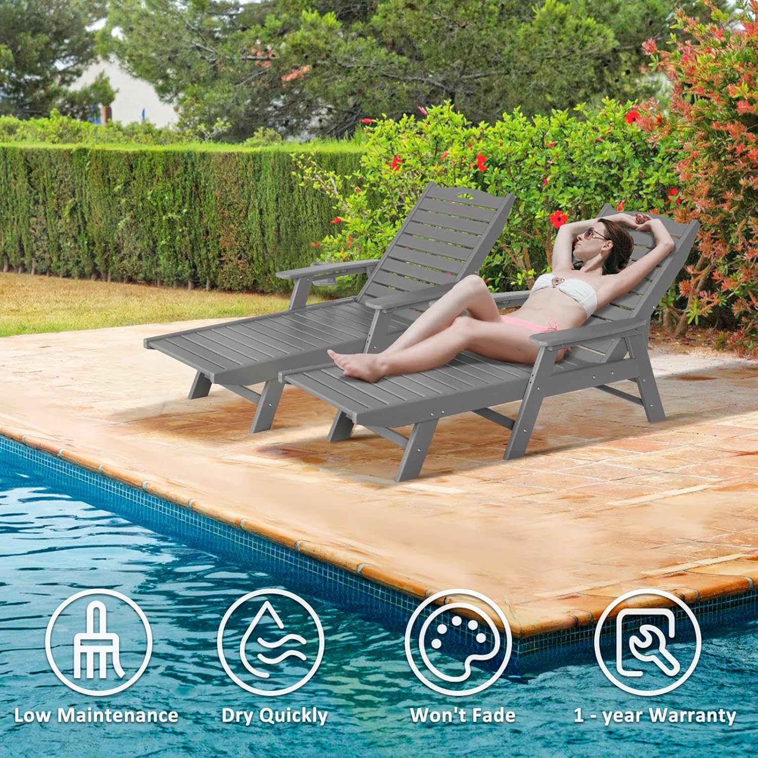 nalone Chaise Lounge para exteriores con respaldo ajustable de 5 posiciones, silla de descanso de polietileno de alta densidad para soportar