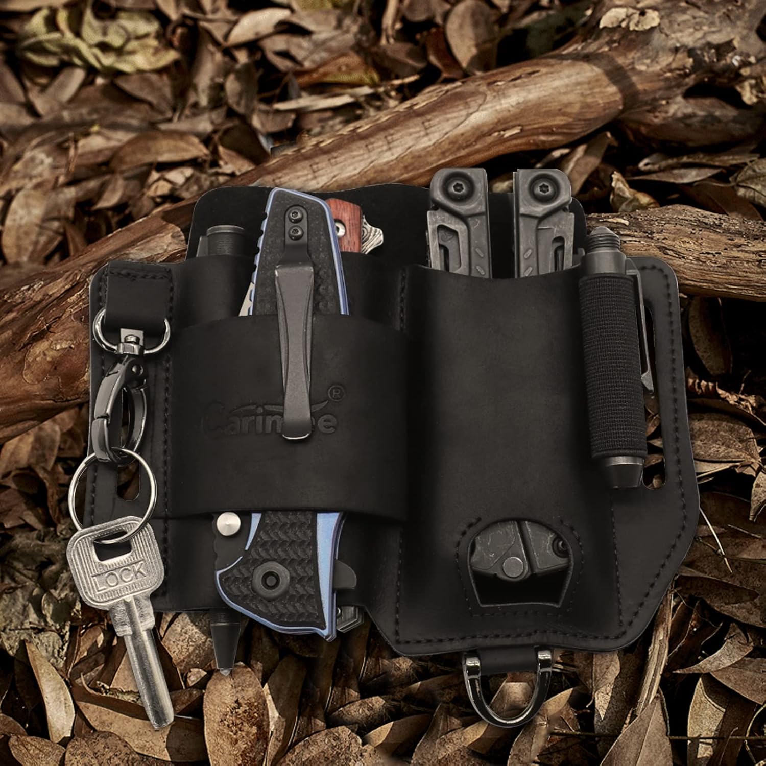 Funda de cuero multiherramienta, organizador de cinturón EDC negro con soporte para linterna, banda elástica, bolsa multiherramientas, clip para