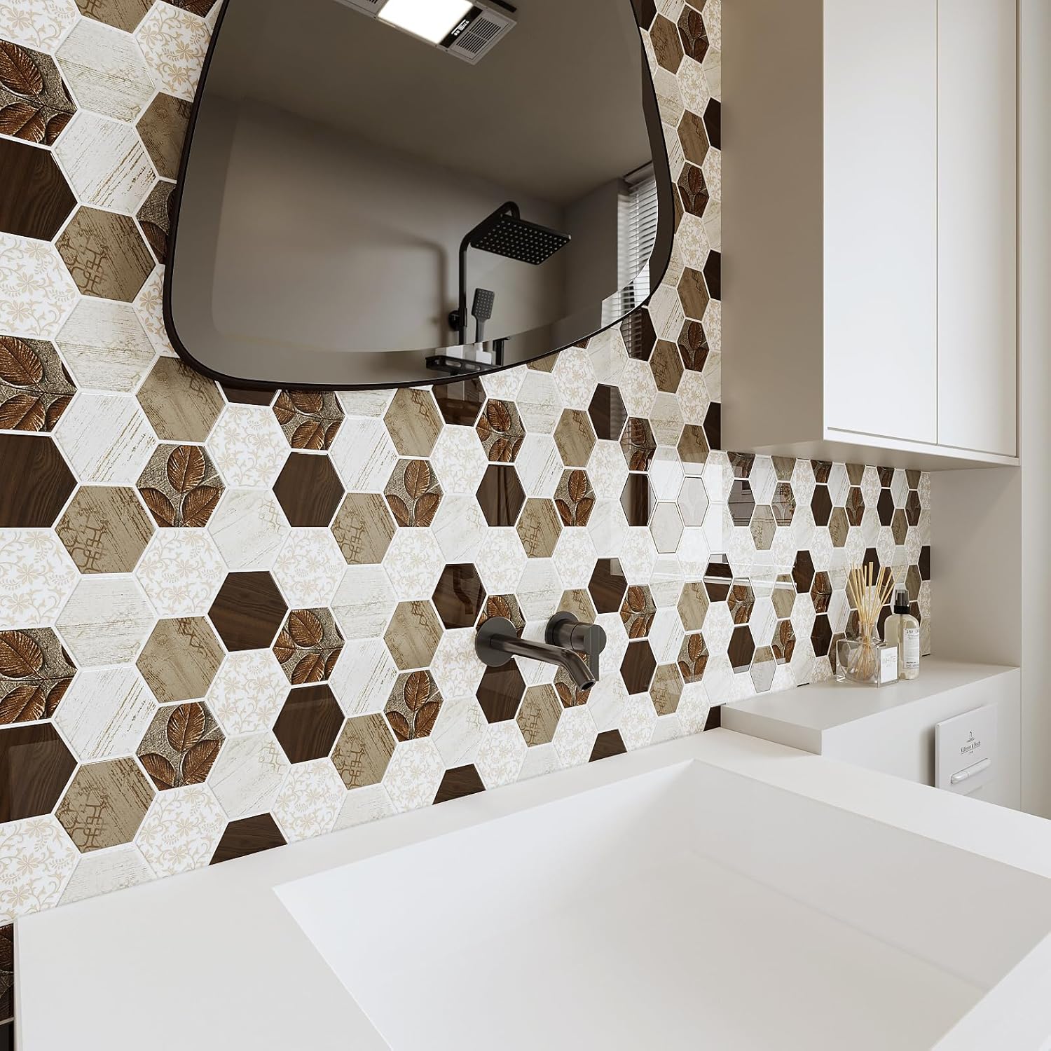 VaryStyle 18 hojas de azulejos hexagonales para salpicaduras de cocina, 12 x 12 pulgadas, azulejos de pared 3D bohemios florales 3D, removibles,