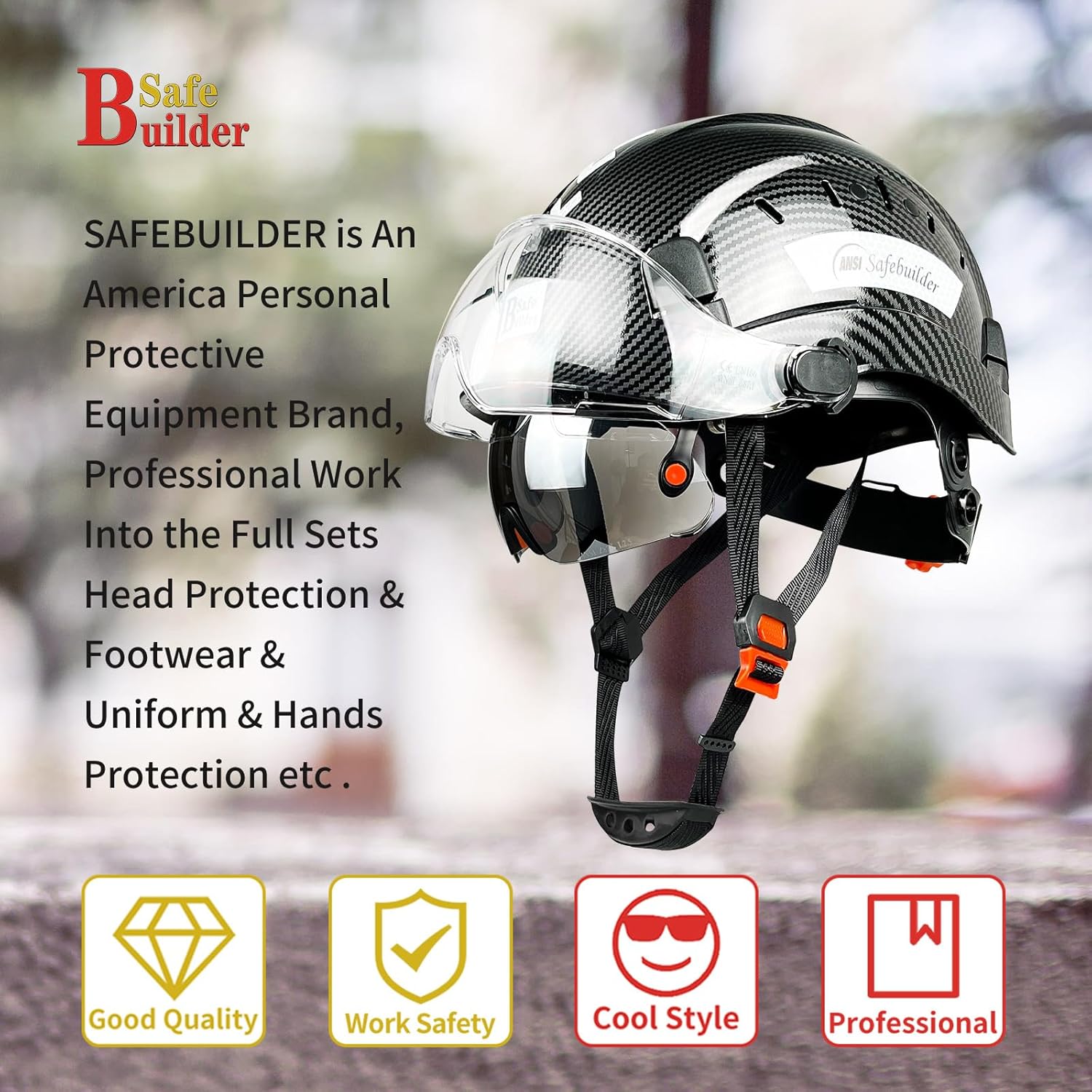 CR06X+2V Casco de seguridad de construcción con visera incorporada, casco duro ABS con visera, patrón de fibra de carbono ventilado, certificado