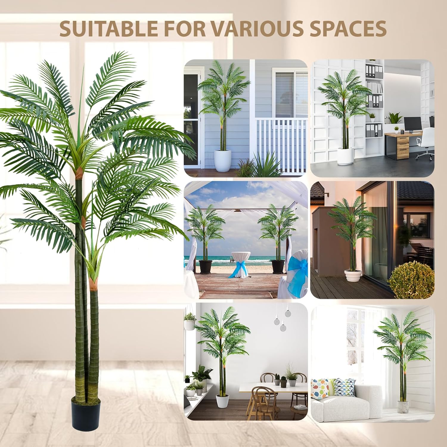 Palmera artificial de 8.5 pies para interiores, palmeras artificiales, casi naturales, palmeras artificiales con luz LED, palmeras artificiales al