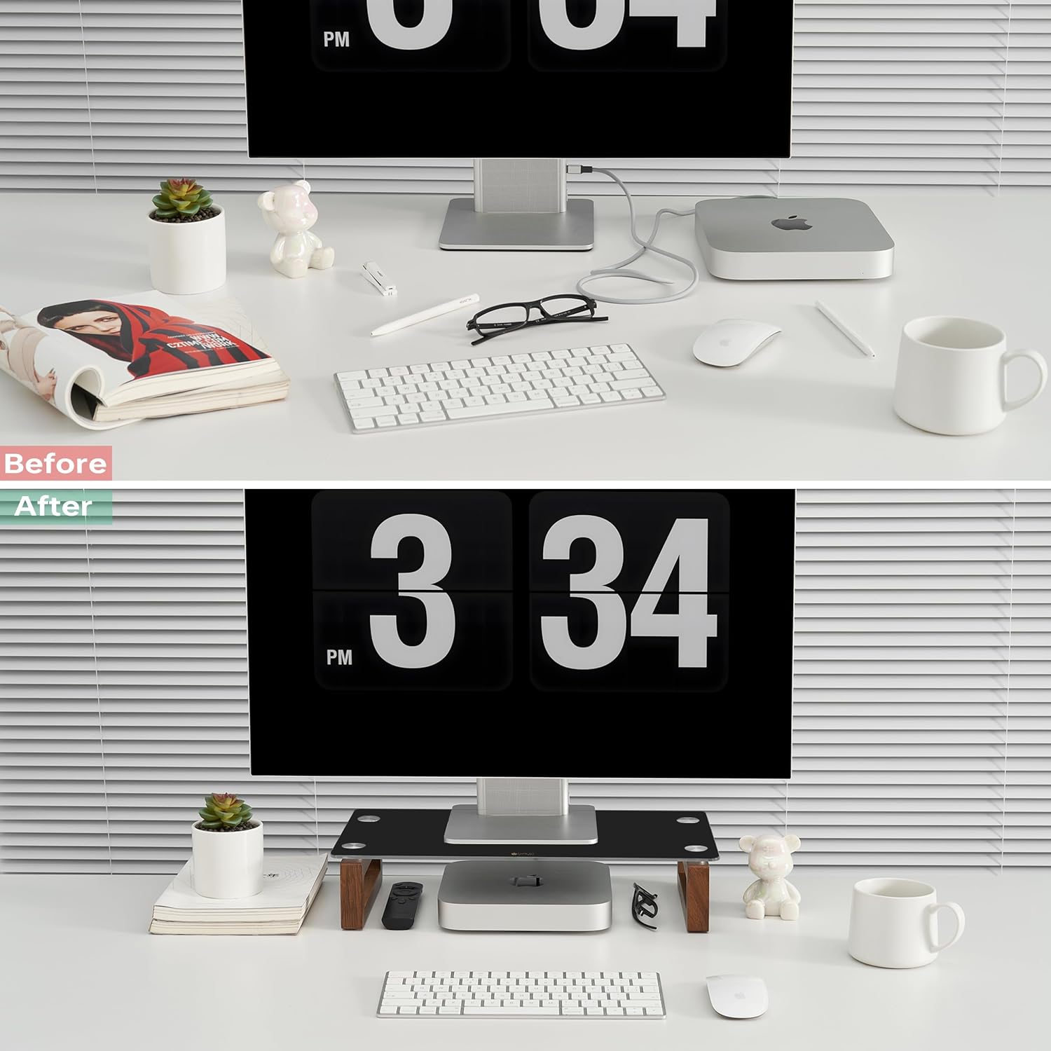 YEOUX Soporte elevador de cristal negro para monitor de computadora con base de madera para pantalla plana LCD, TV LED, portátil, impresora, soporte