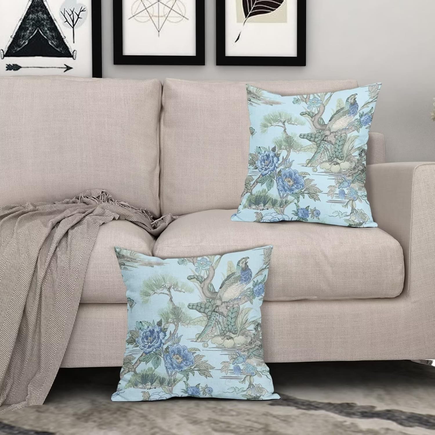 Juego de 2 fundas de almohada de 18 x 18 pulgadas con diseño de flores azules y pájaros, fundas de almohada decorativas de lino con acuarela