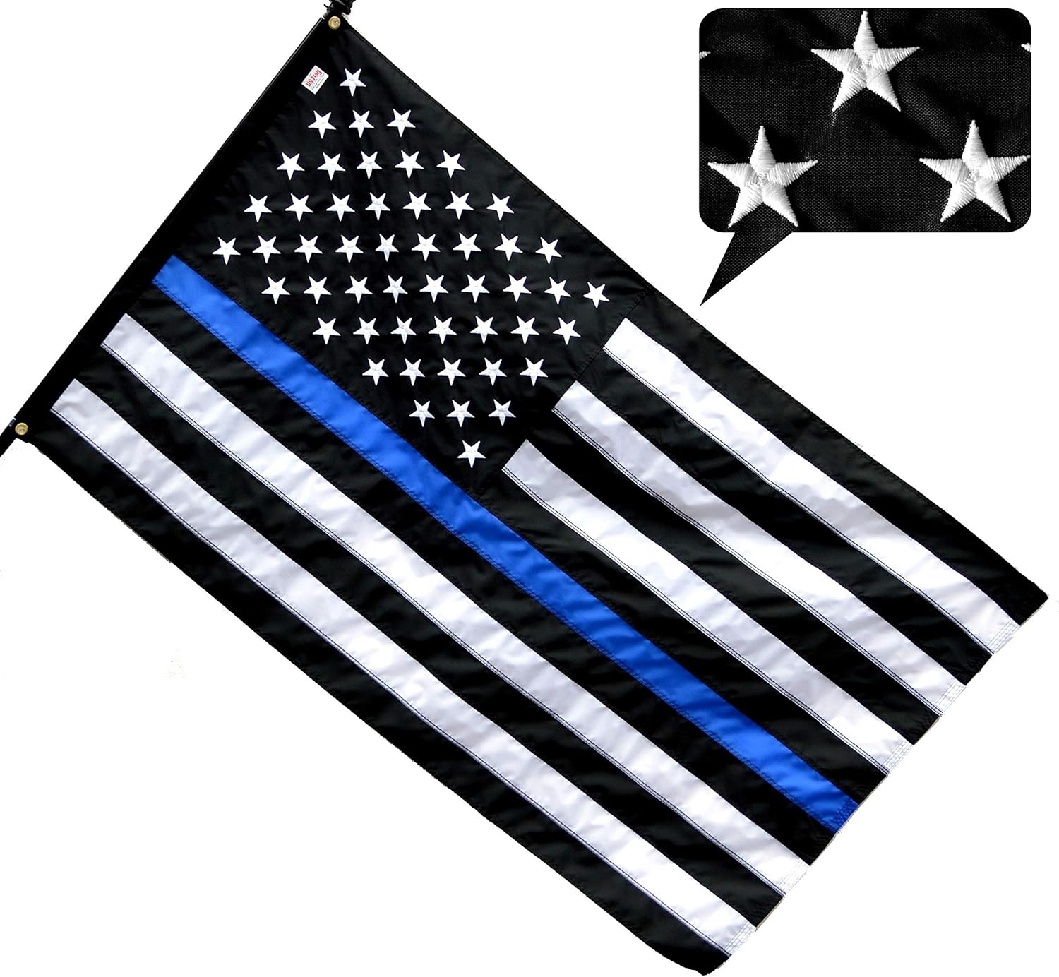 US Flag Factory Bandera estadounidense de línea azul delgada de 3 x 5 pies (estrellas bordadas, rayas cosidas) para oficiales de policía, bandera