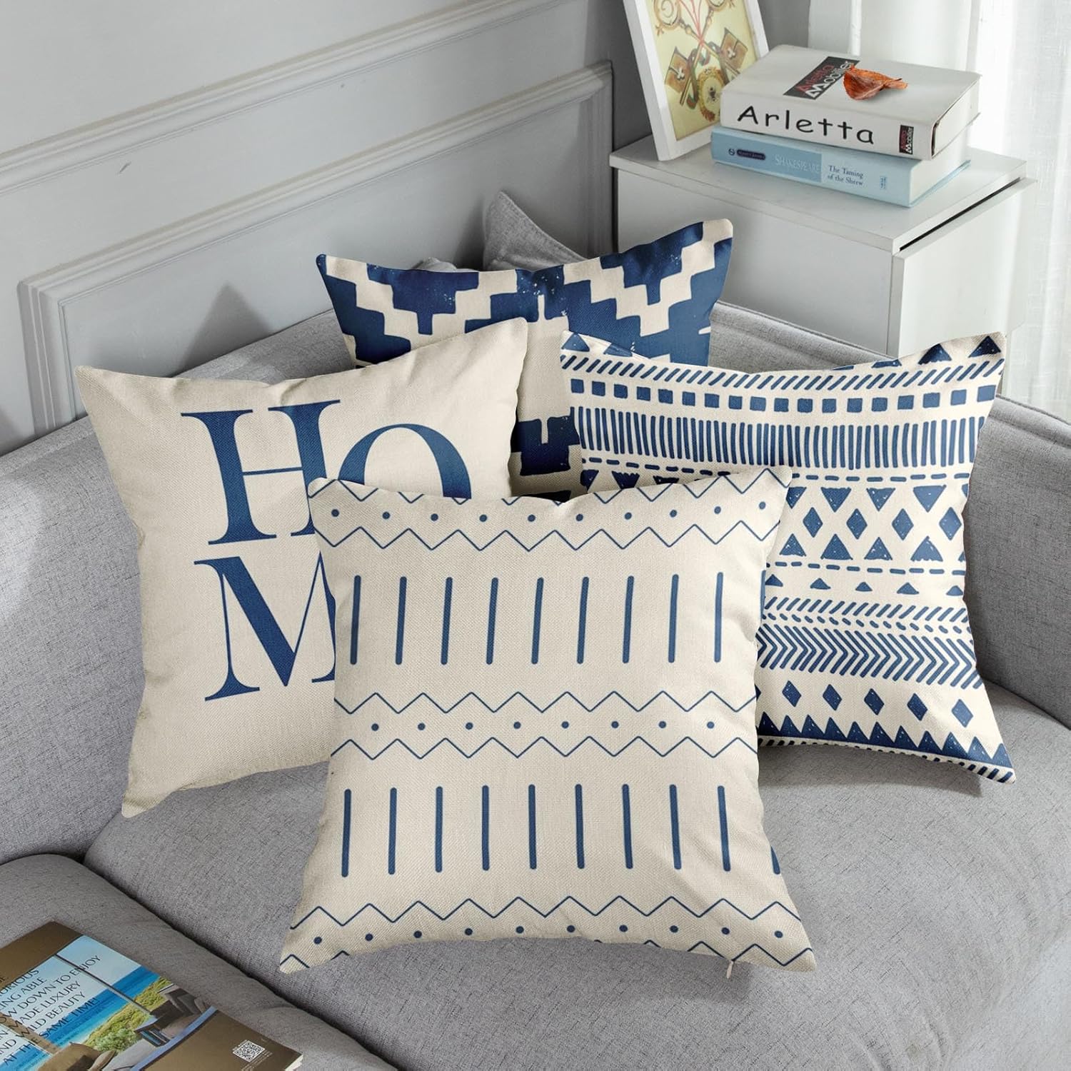 Juego de 4 fundas de almohada decorativas para decoración del hogar, color azul marino, retro, geométrico, a rayas, marroquíes, tribales, bohemias,