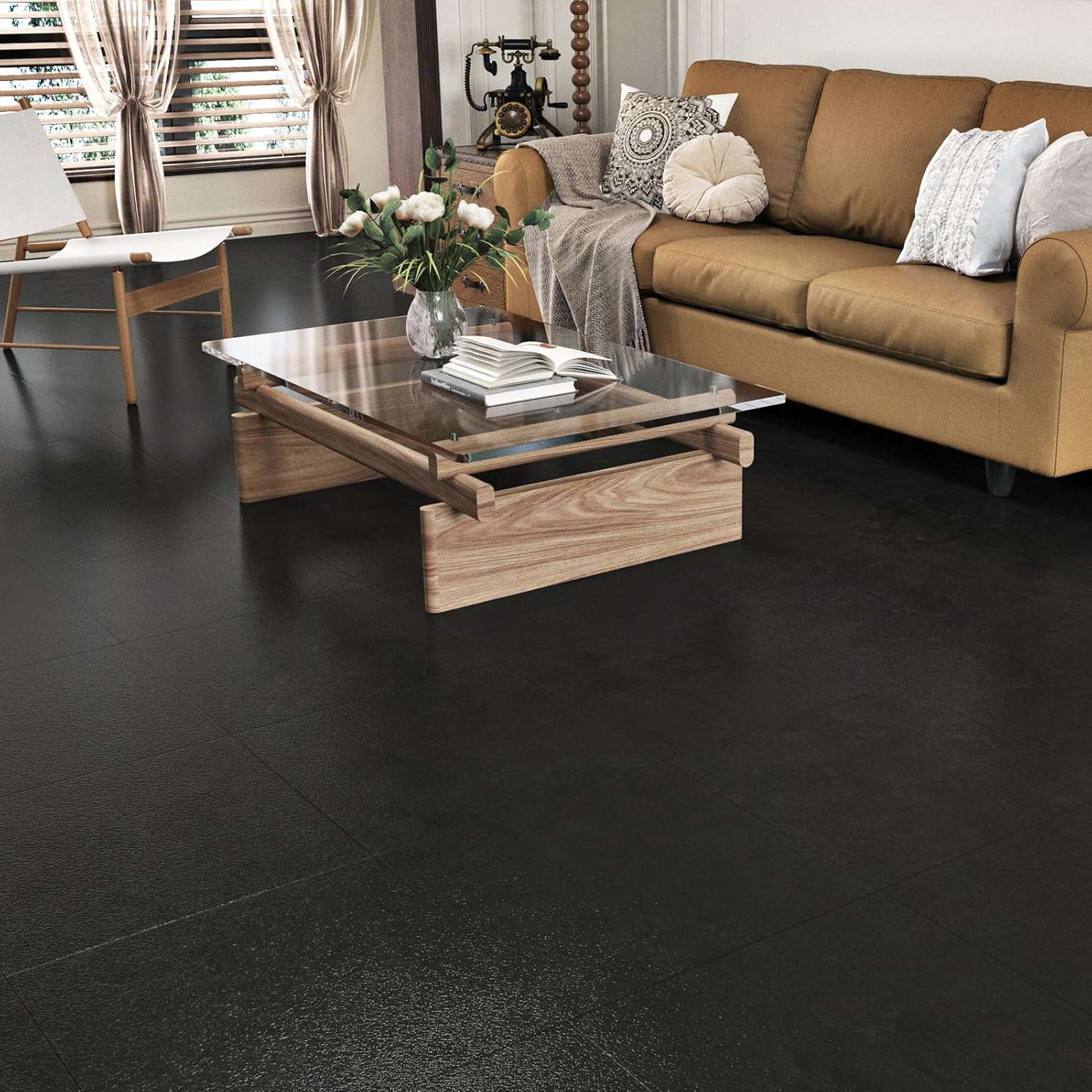 WESTICK Paquete de 20 calcomanías negras para azulejos de piso, despegar y pegar, baldosas de baño, impermeables, para suelos de azulejos, cocina,