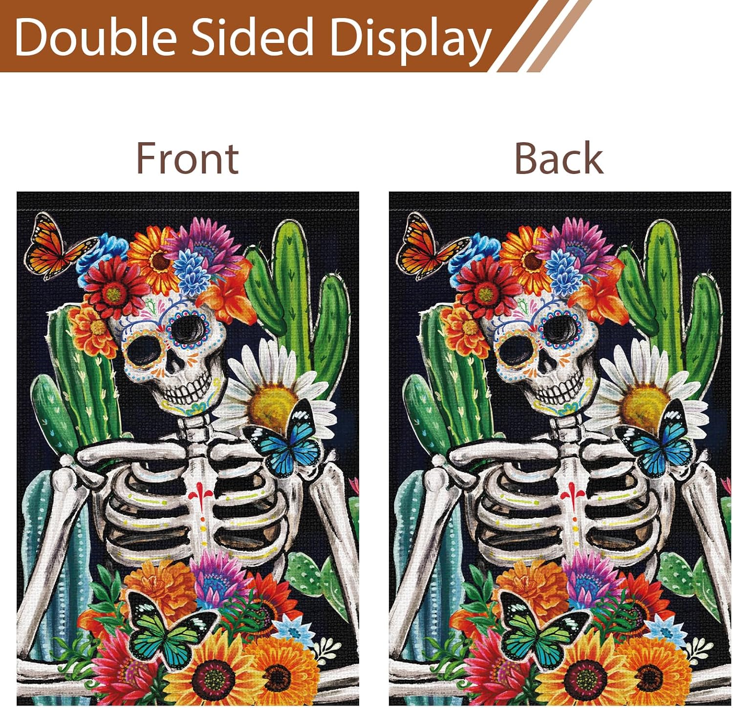 Bandera de jardín del Día de los Muertos de 28 x 40 pulgadas, de arpillera de doble cara, calavera, esqueleto, flor, banderas de jardín Dia DE Los