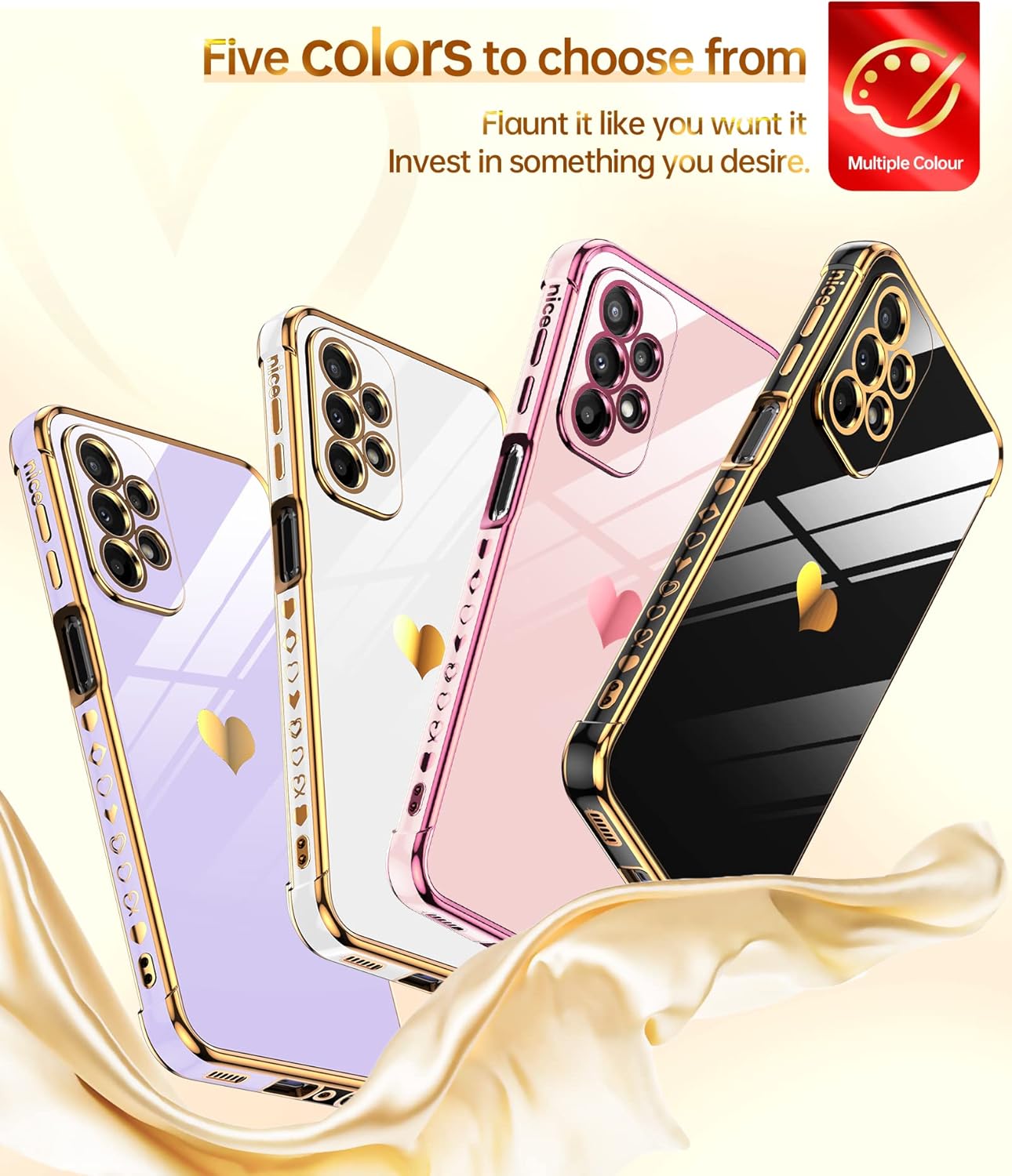LeYi Funda para Samsung A23 5G con protector de pantalla 2 piezas + protección completa de la cámara, diseño femenino de corazón chapado en corazón,